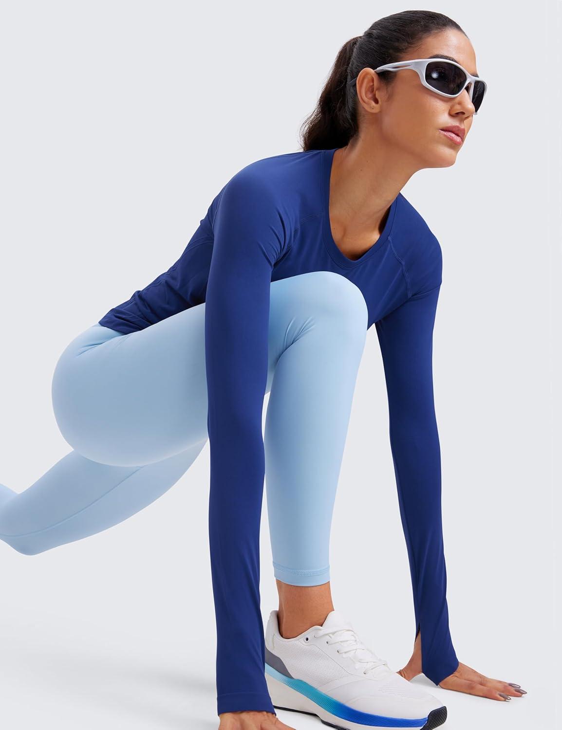imageCRZ YOGA Seamless Long Sleeve Shirts for Women Waist Workout Athletic Running Gym Yoga Tops Crewneck Breathable Quick DryLarkspur Blue