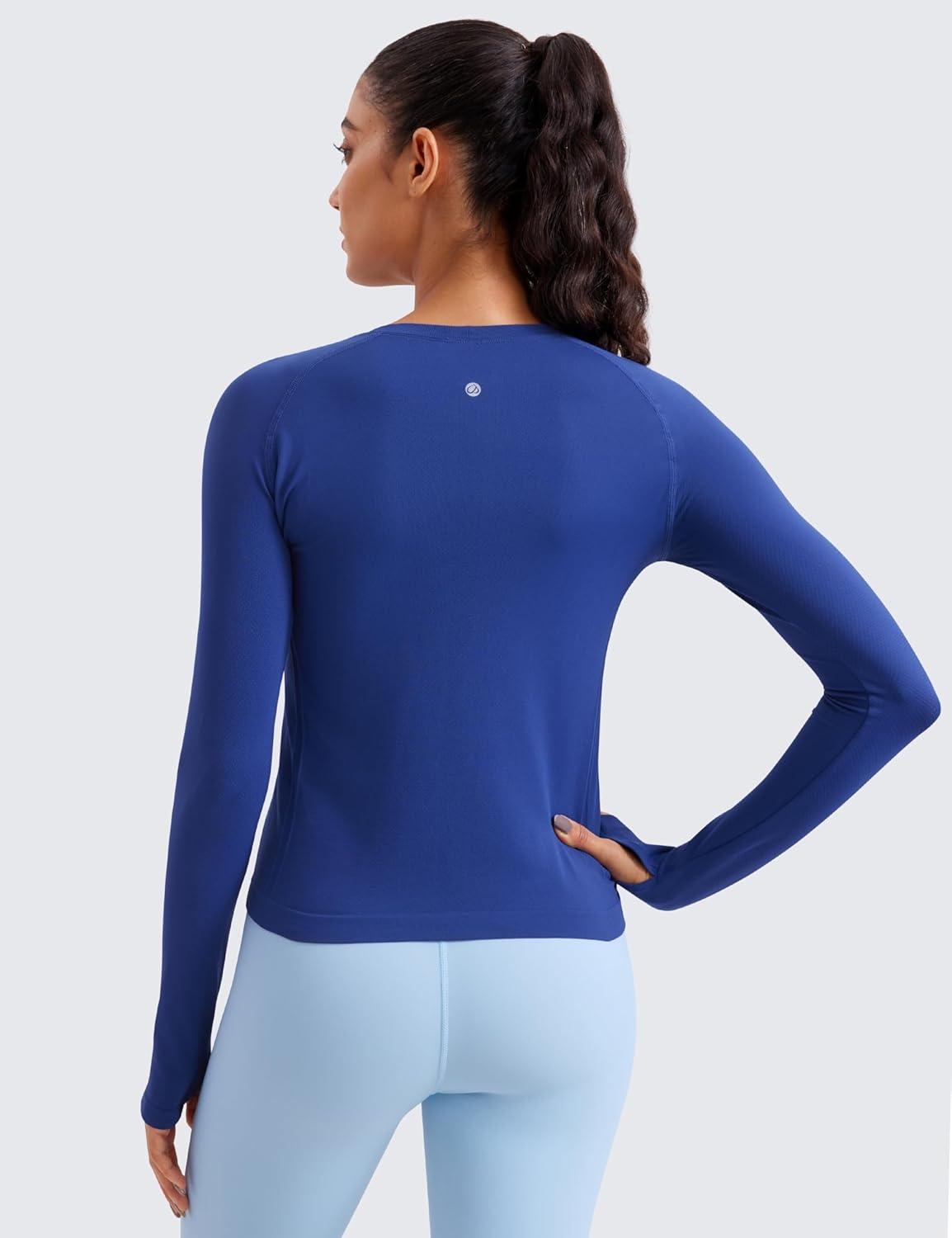 imageCRZ YOGA Seamless Long Sleeve Shirts for Women Waist Workout Athletic Running Gym Yoga Tops Crewneck Breathable Quick DryLarkspur Blue