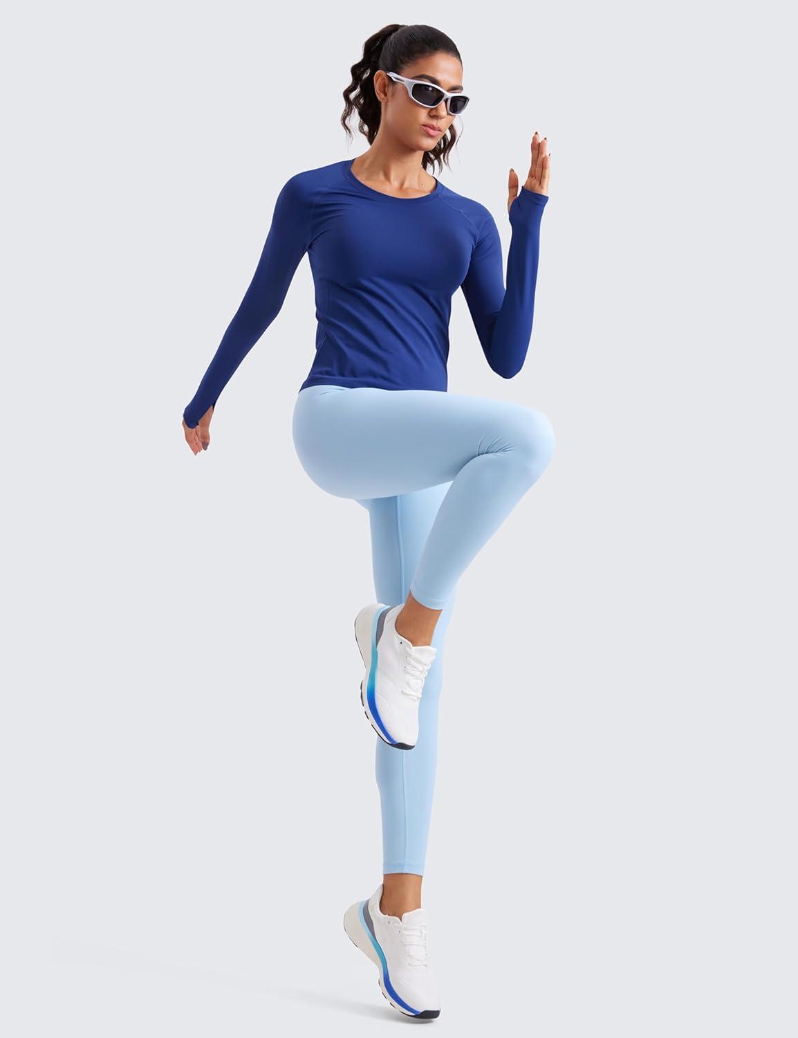 imageCRZ YOGA Seamless Long Sleeve Shirts for Women Waist Workout Athletic Running Gym Yoga Tops Crewneck Breathable Quick DryLarkspur Blue