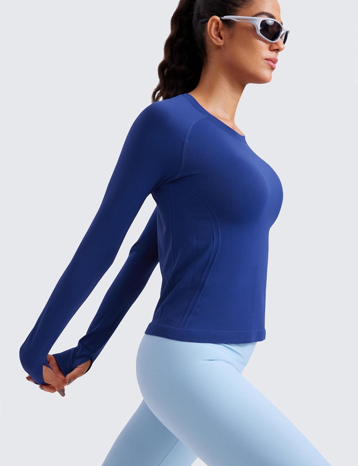 imageCRZ YOGA Seamless Long Sleeve Shirts for Women Waist Workout Athletic Running Gym Yoga Tops Crewneck Breathable Quick DryLarkspur Blue