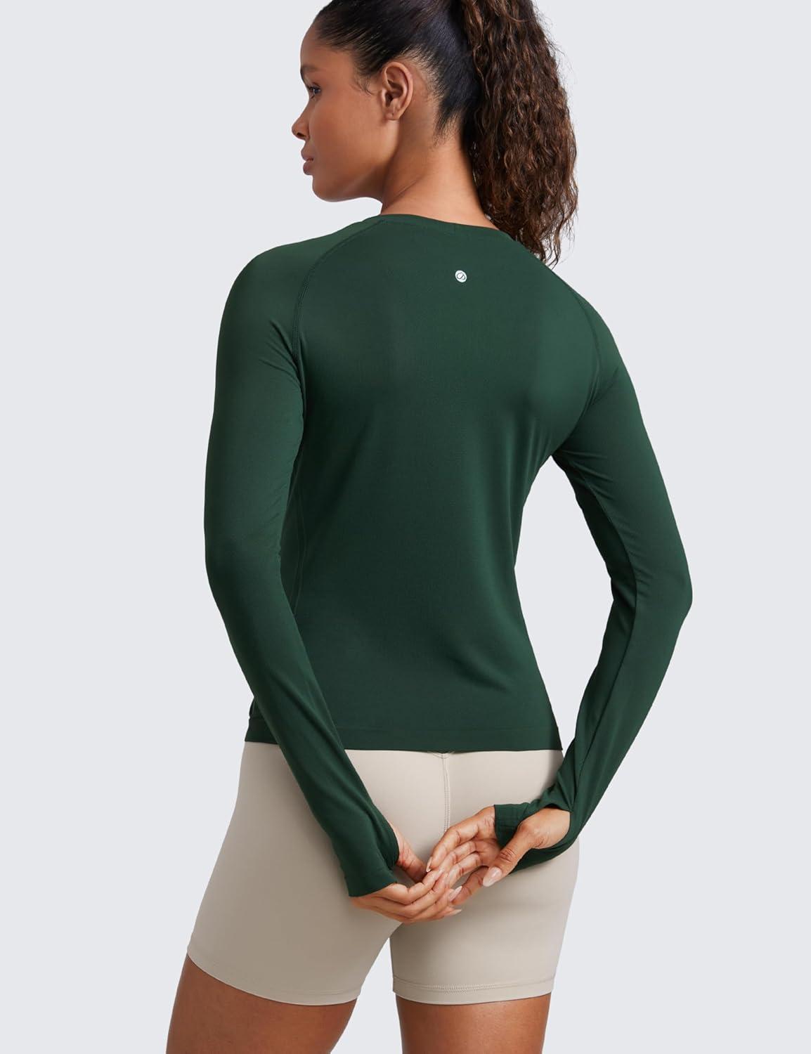 imageCRZ YOGA Seamless Long Sleeve Shirts for Women Waist Workout Athletic Running Gym Yoga Tops Crewneck Breathable Quick DryLegend Green