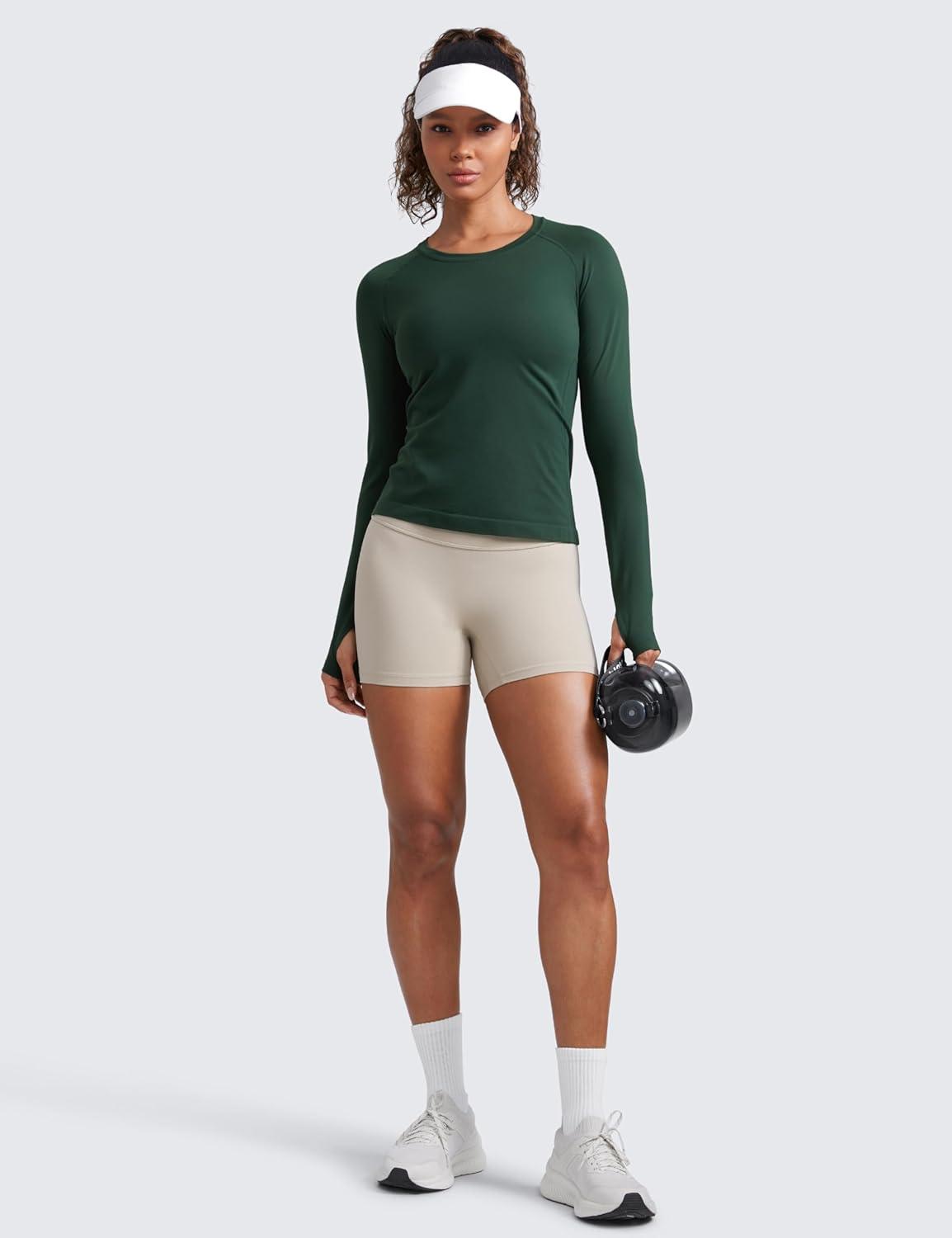 imageCRZ YOGA Seamless Long Sleeve Shirts for Women Waist Workout Athletic Running Gym Yoga Tops Crewneck Breathable Quick DryLegend Green