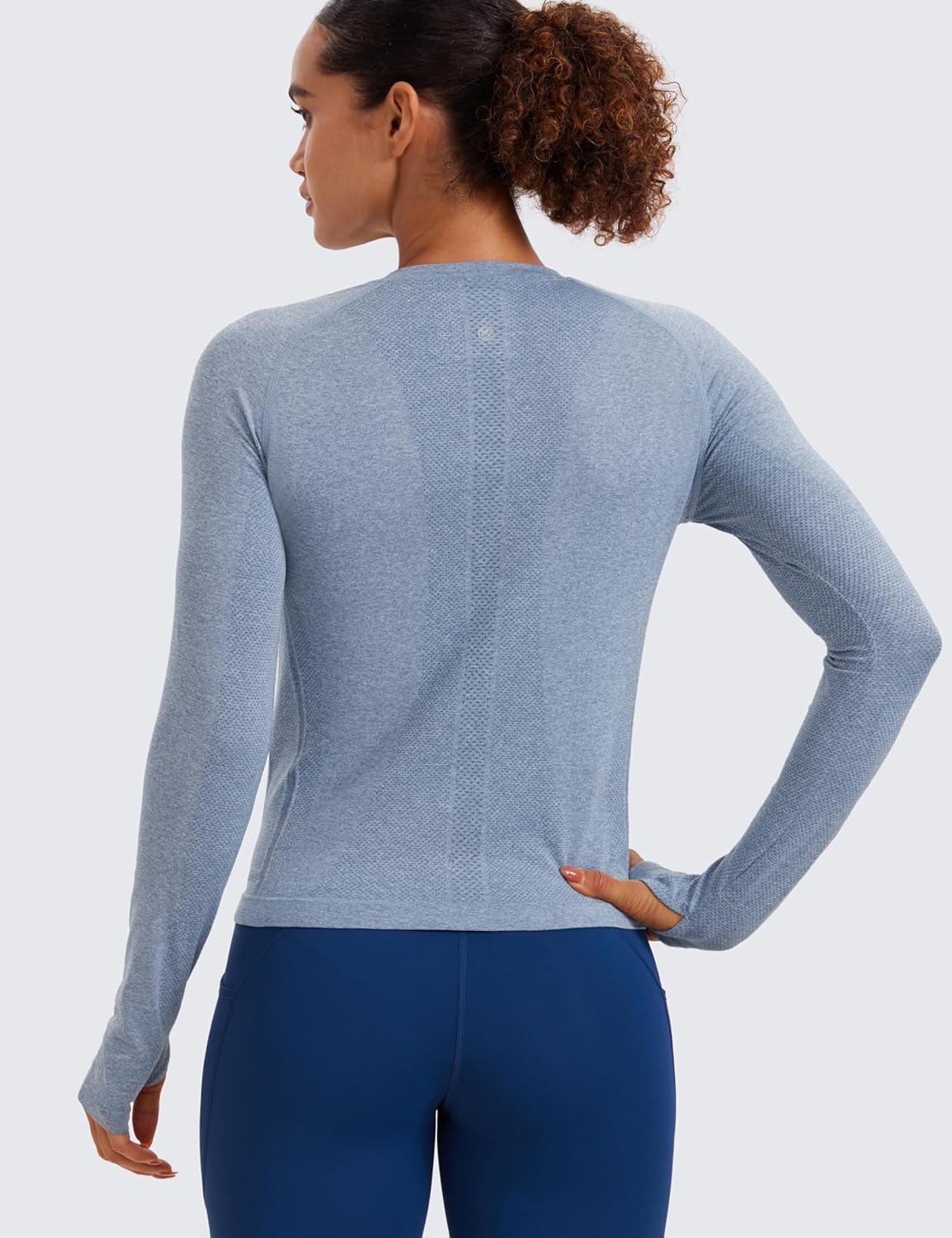 imageCRZ YOGA Seamless Long Sleeve Shirts for Women Waist Workout Athletic Running Gym Yoga Tops Crewneck Breathable Quick DryOasis Blue Heather