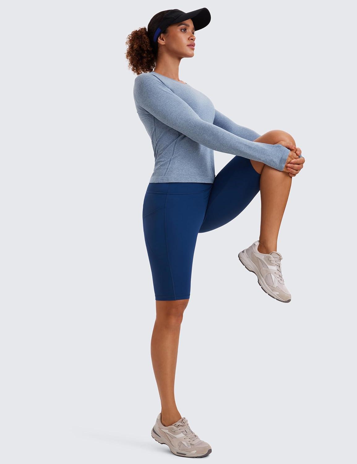 imageCRZ YOGA Seamless Long Sleeve Shirts for Women Waist Workout Athletic Running Gym Yoga Tops Crewneck Breathable Quick DryOasis Blue Heather