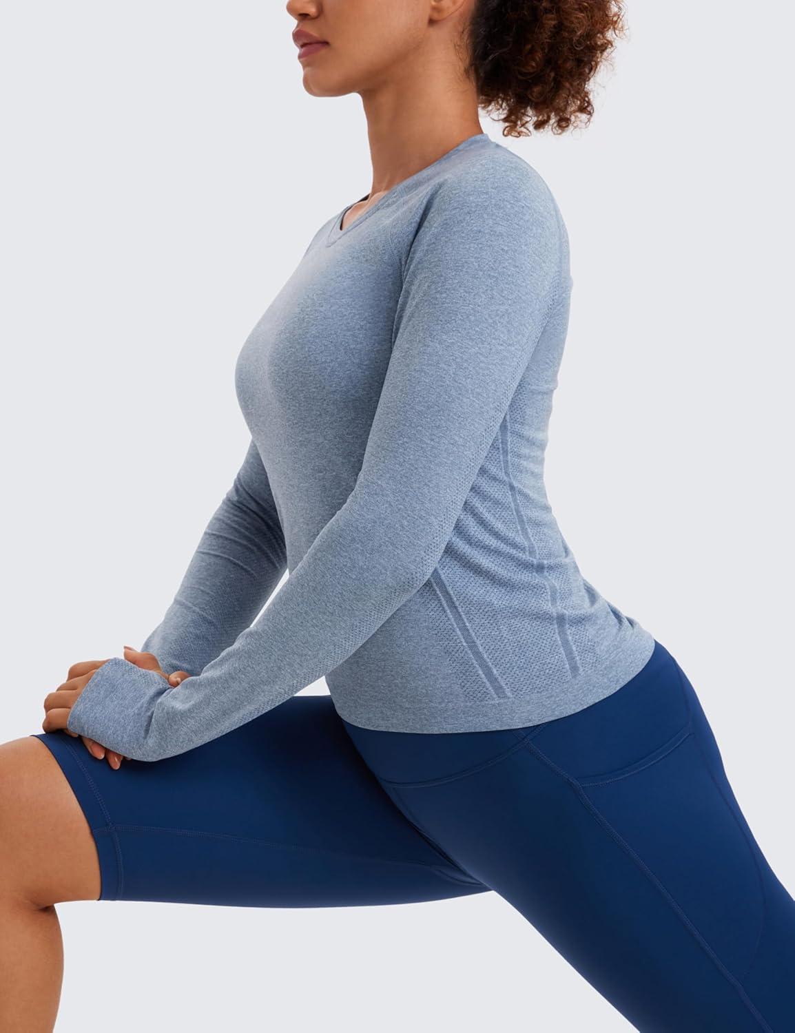imageCRZ YOGA Seamless Long Sleeve Shirts for Women Waist Workout Athletic Running Gym Yoga Tops Crewneck Breathable Quick DryOasis Blue Heather