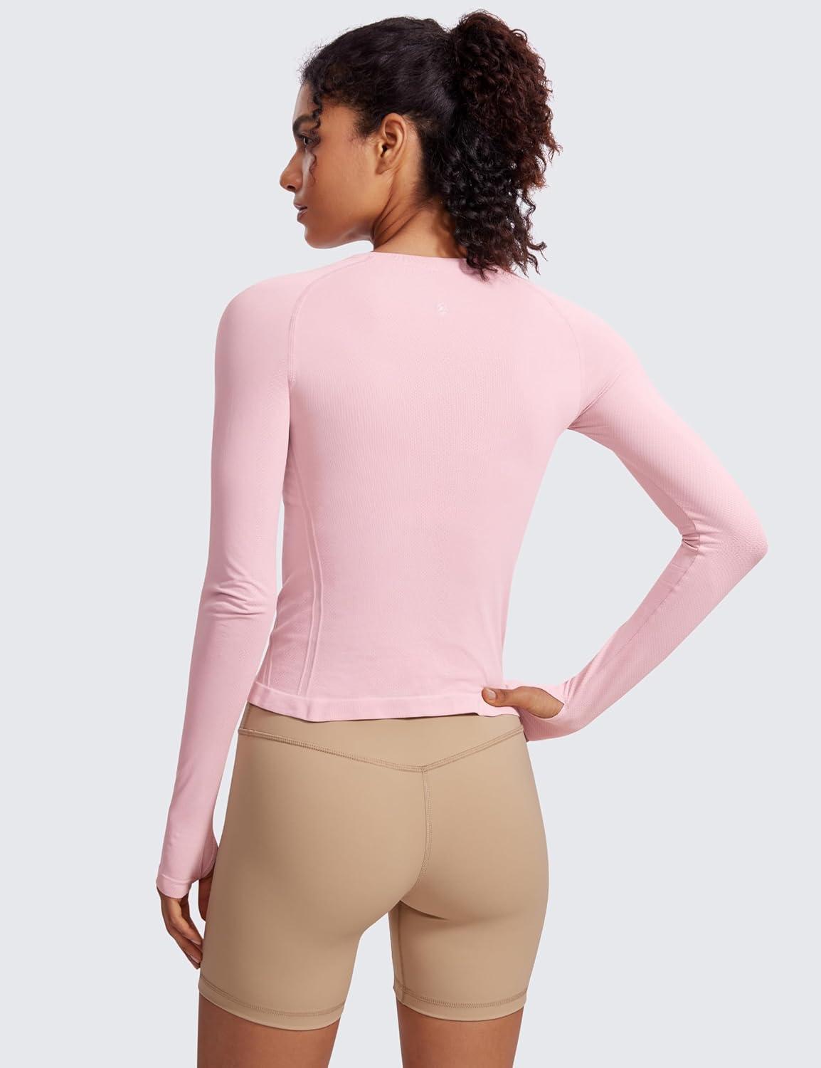 imageCRZ YOGA Seamless Long Sleeve Shirts for Women Waist Workout Athletic Running Gym Yoga Tops Crewneck Breathable Quick DryRose Blush