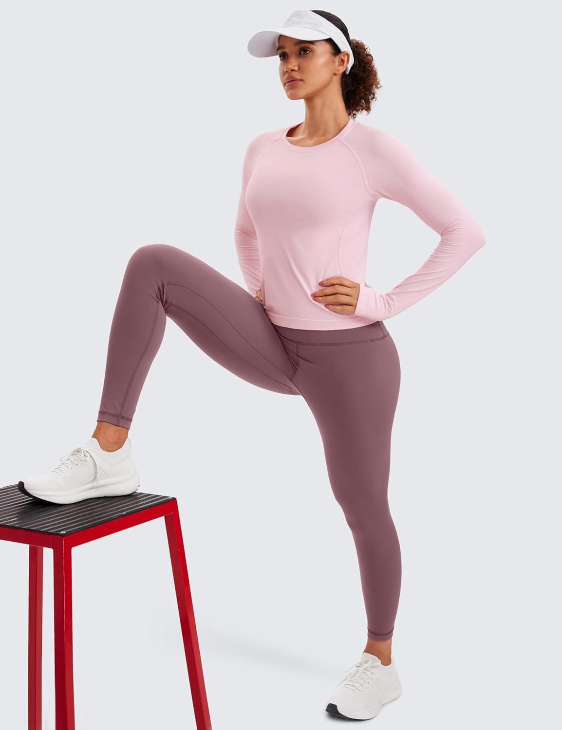 imageCRZ YOGA Seamless Long Sleeve Shirts for Women Waist Workout Athletic Running Gym Yoga Tops Crewneck Breathable Quick DryStrawberry Pink