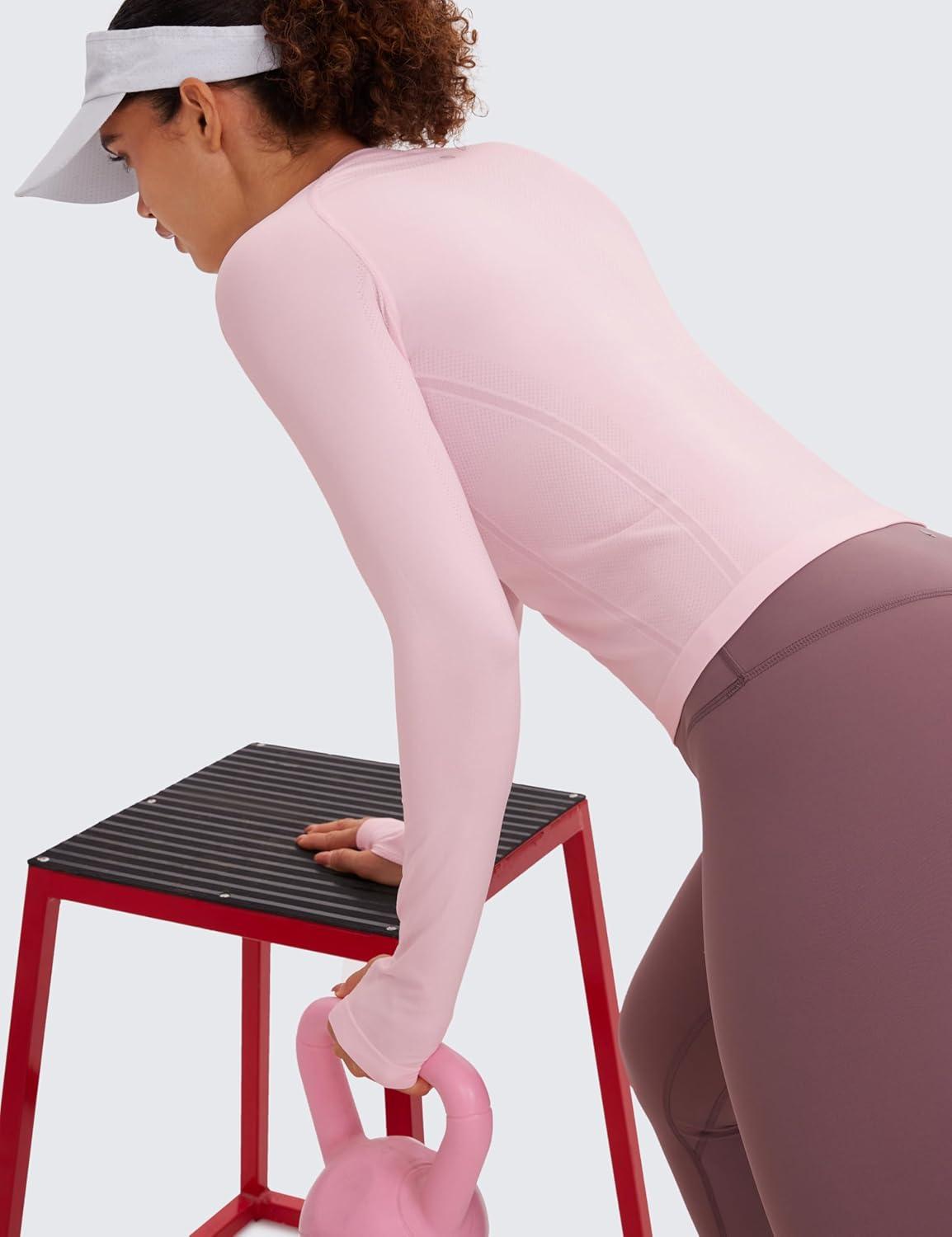 imageCRZ YOGA Seamless Long Sleeve Shirts for Women Waist Workout Athletic Running Gym Yoga Tops Crewneck Breathable Quick DryStrawberry Pink