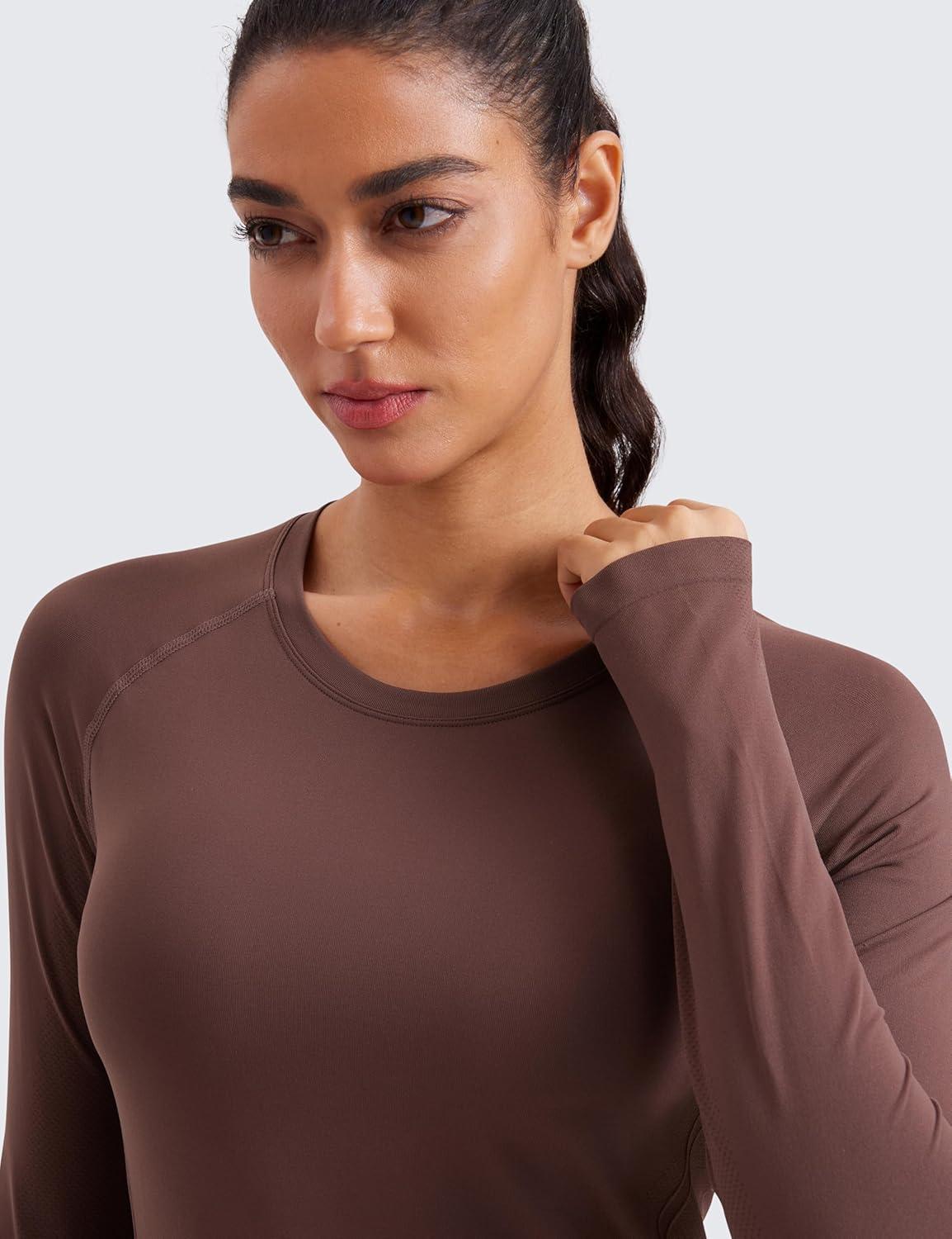 imageCRZ YOGA Seamless Long Sleeve Shirts for Women Waist Workout Athletic Running Gym Yoga Tops Crewneck Breathable Quick DryTaupe