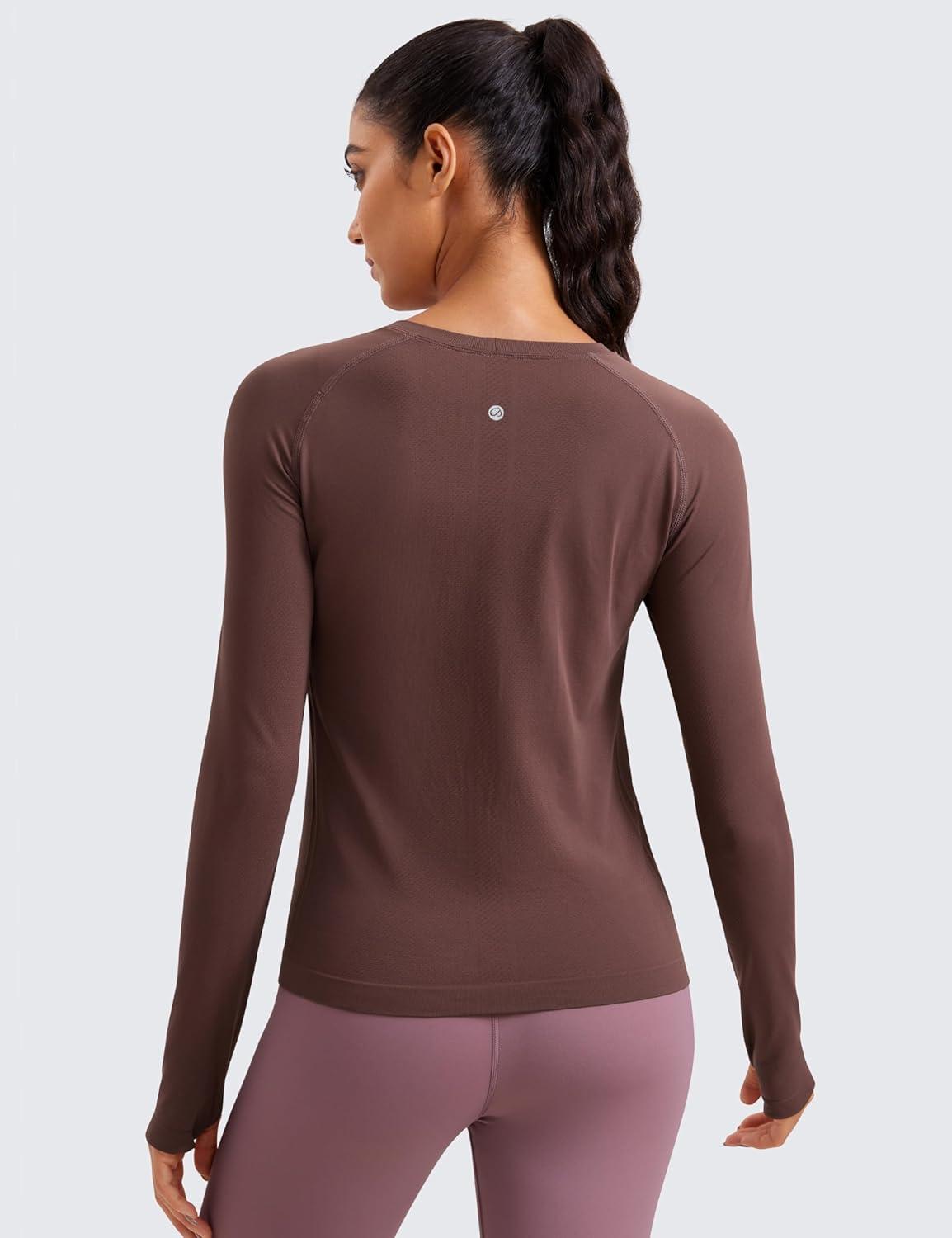 imageCRZ YOGA Seamless Long Sleeve Shirts for Women Waist Workout Athletic Running Gym Yoga Tops Crewneck Breathable Quick DryTaupe