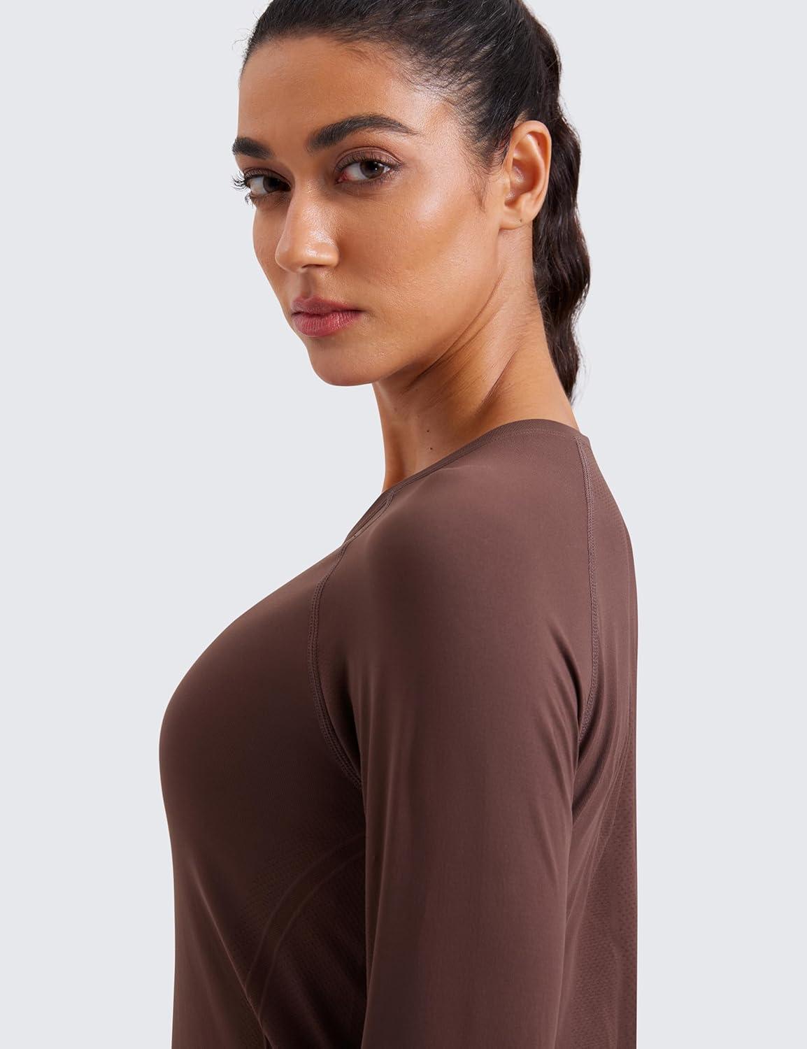 imageCRZ YOGA Seamless Long Sleeve Shirts for Women Waist Workout Athletic Running Gym Yoga Tops Crewneck Breathable Quick DryTaupe
