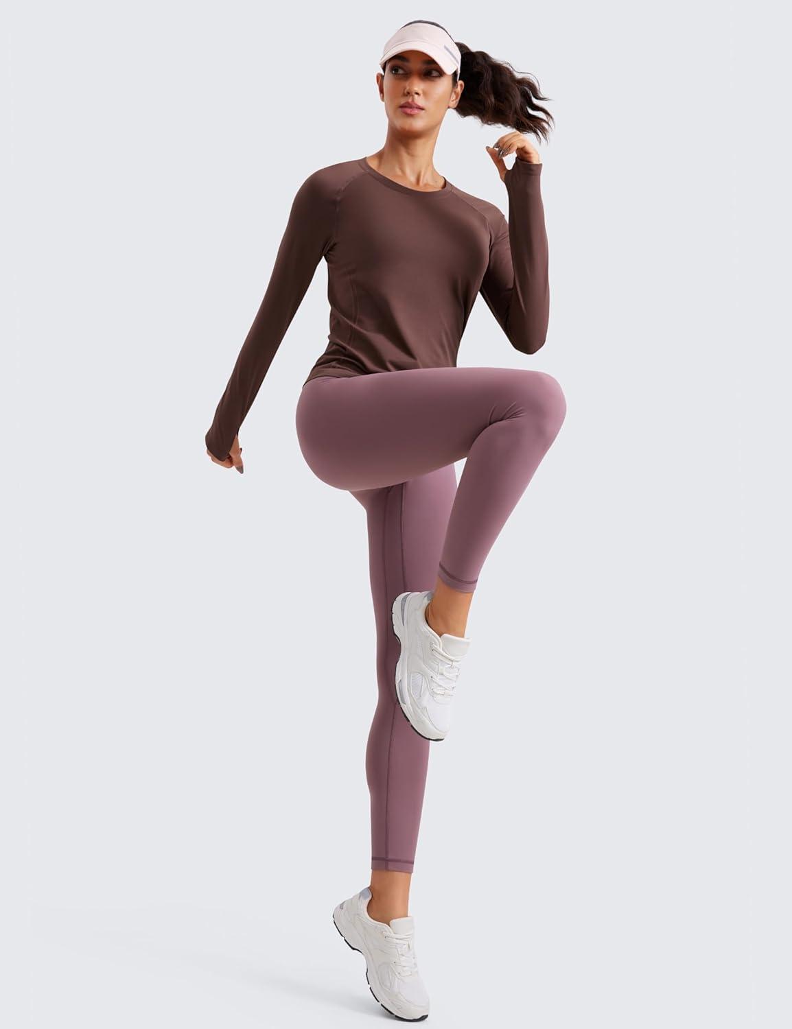 imageCRZ YOGA Seamless Long Sleeve Shirts for Women Waist Workout Athletic Running Gym Yoga Tops Crewneck Breathable Quick DryTaupe