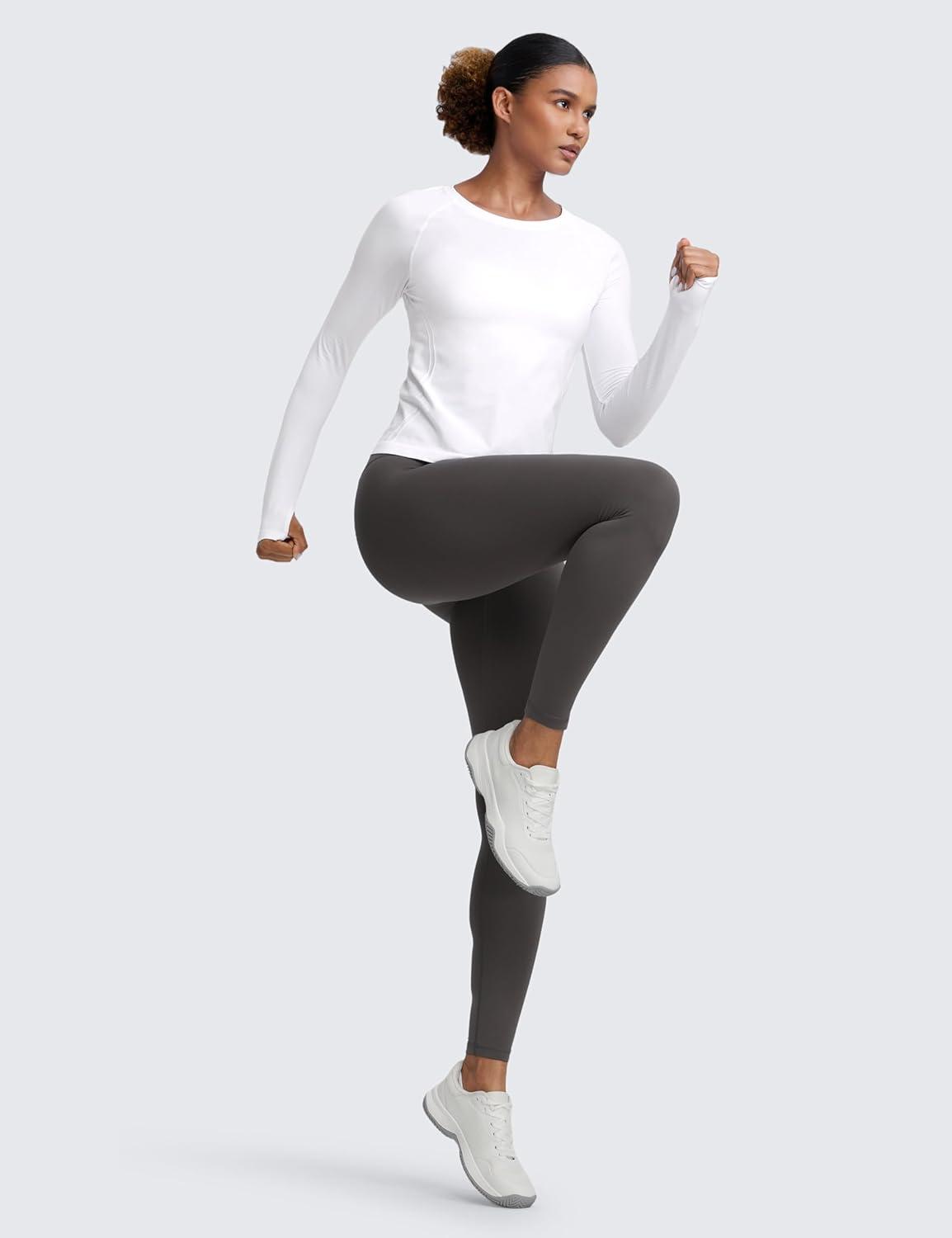 imageCRZ YOGA Seamless Long Sleeve Shirts for Women Waist Workout Athletic Running Gym Yoga Tops Crewneck Breathable Quick DryWhite