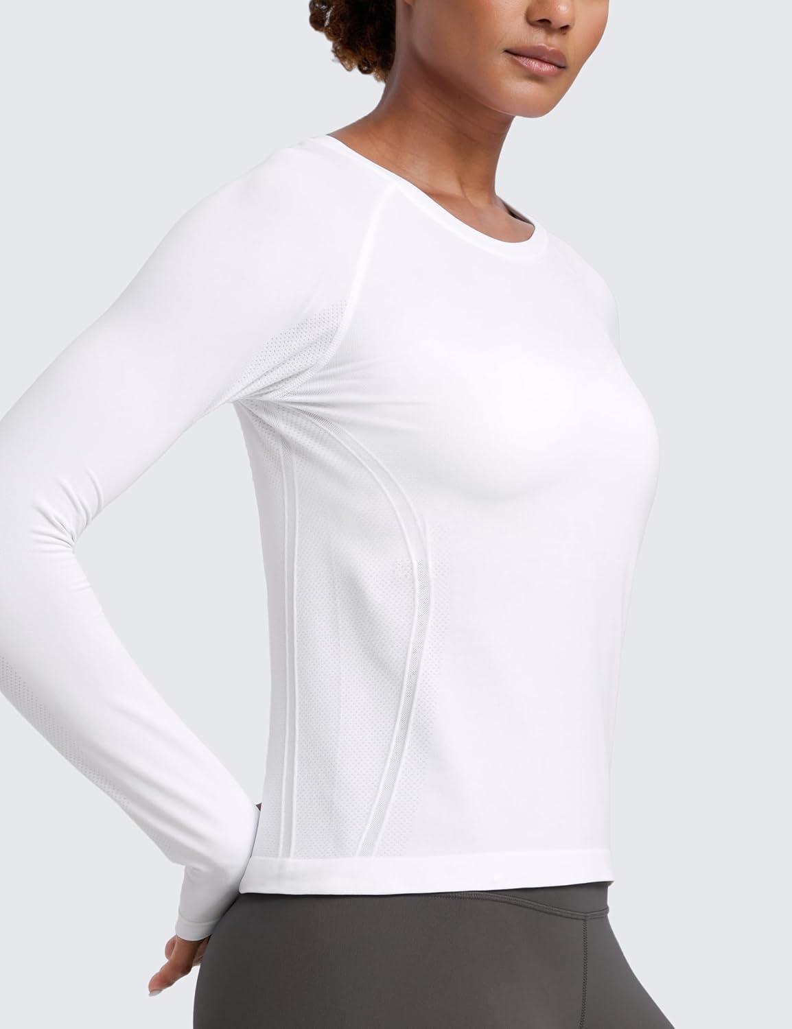 imageCRZ YOGA Seamless Long Sleeve Shirts for Women Waist Workout Athletic Running Gym Yoga Tops Crewneck Breathable Quick DryWhite