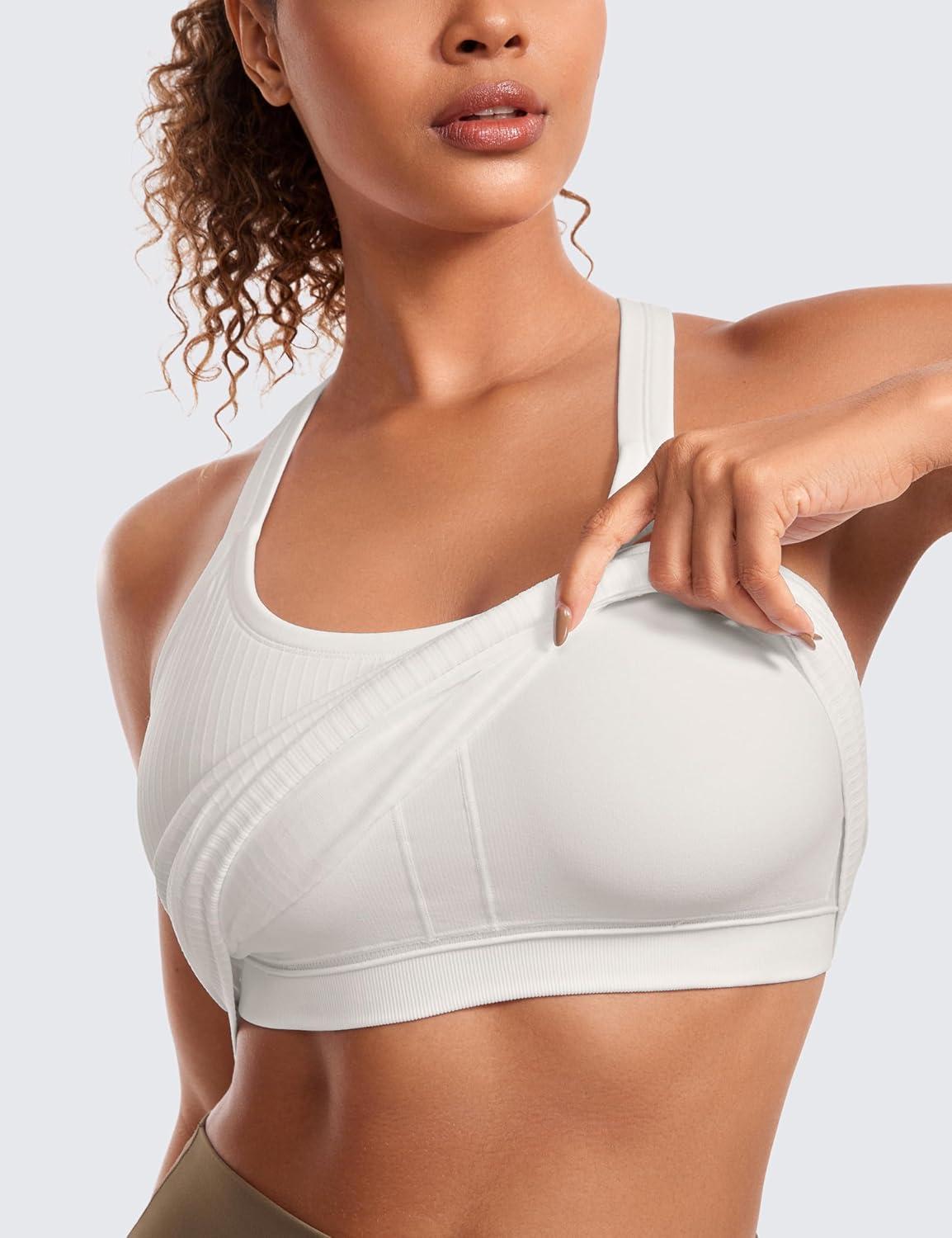 imageCRZ YOGA Seamless Ribbed Scoop Neck Tank Top for Women Workout Racerback Padded Athletic Camisole with Built in BraWhite Apricot