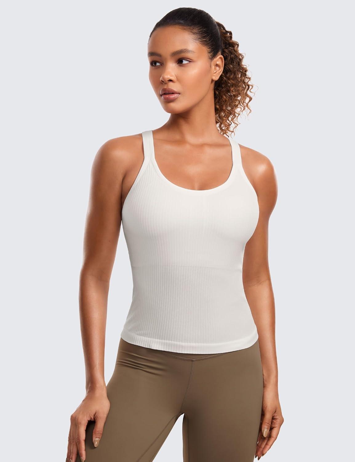 imageCRZ YOGA Seamless Ribbed Scoop Neck Tank Top for Women Workout Racerback Padded Athletic Camisole with Built in BraWhite Apricot