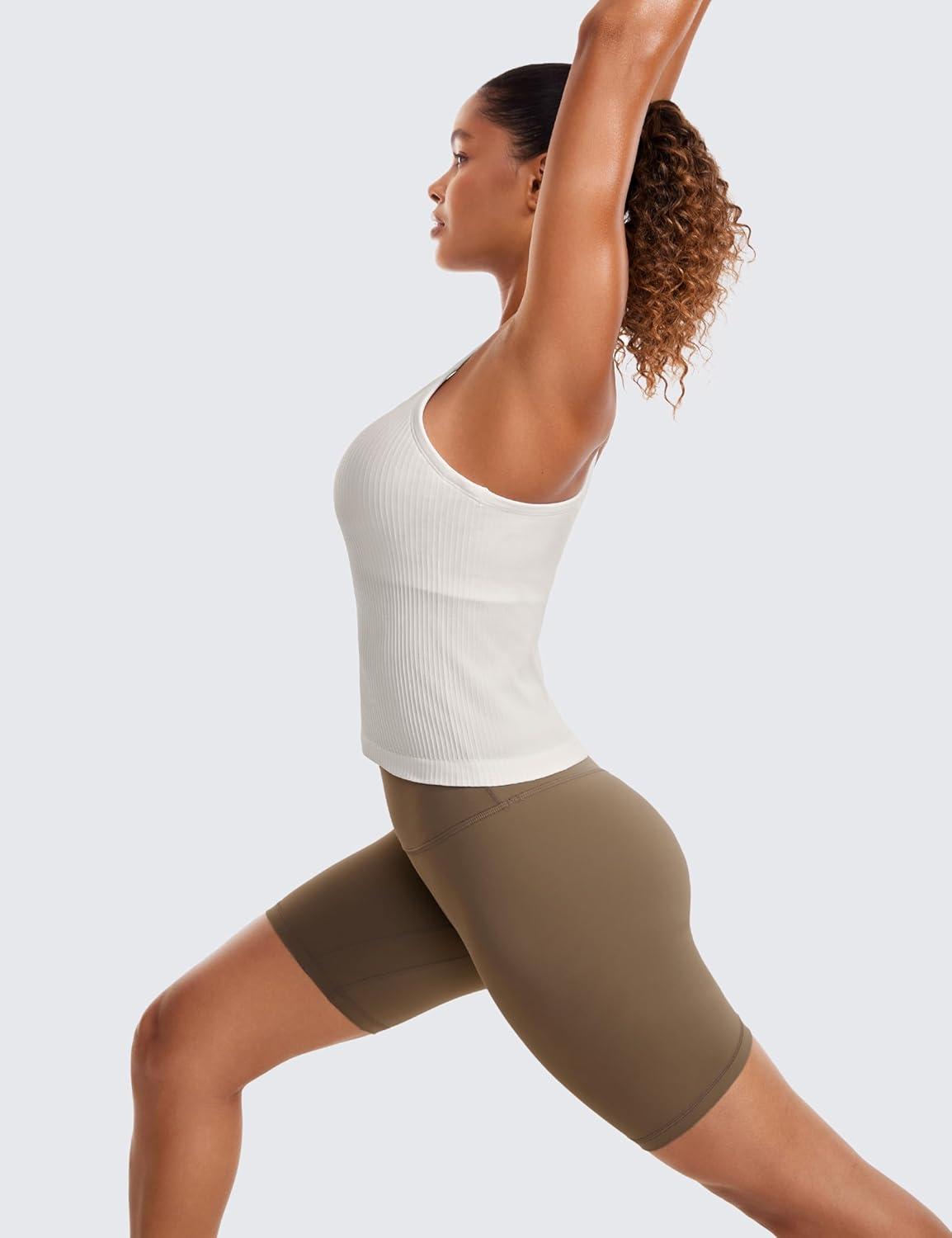 imageCRZ YOGA Seamless Ribbed Scoop Neck Tank Top for Women Workout Racerback Padded Athletic Camisole with Built in BraWhite Apricot