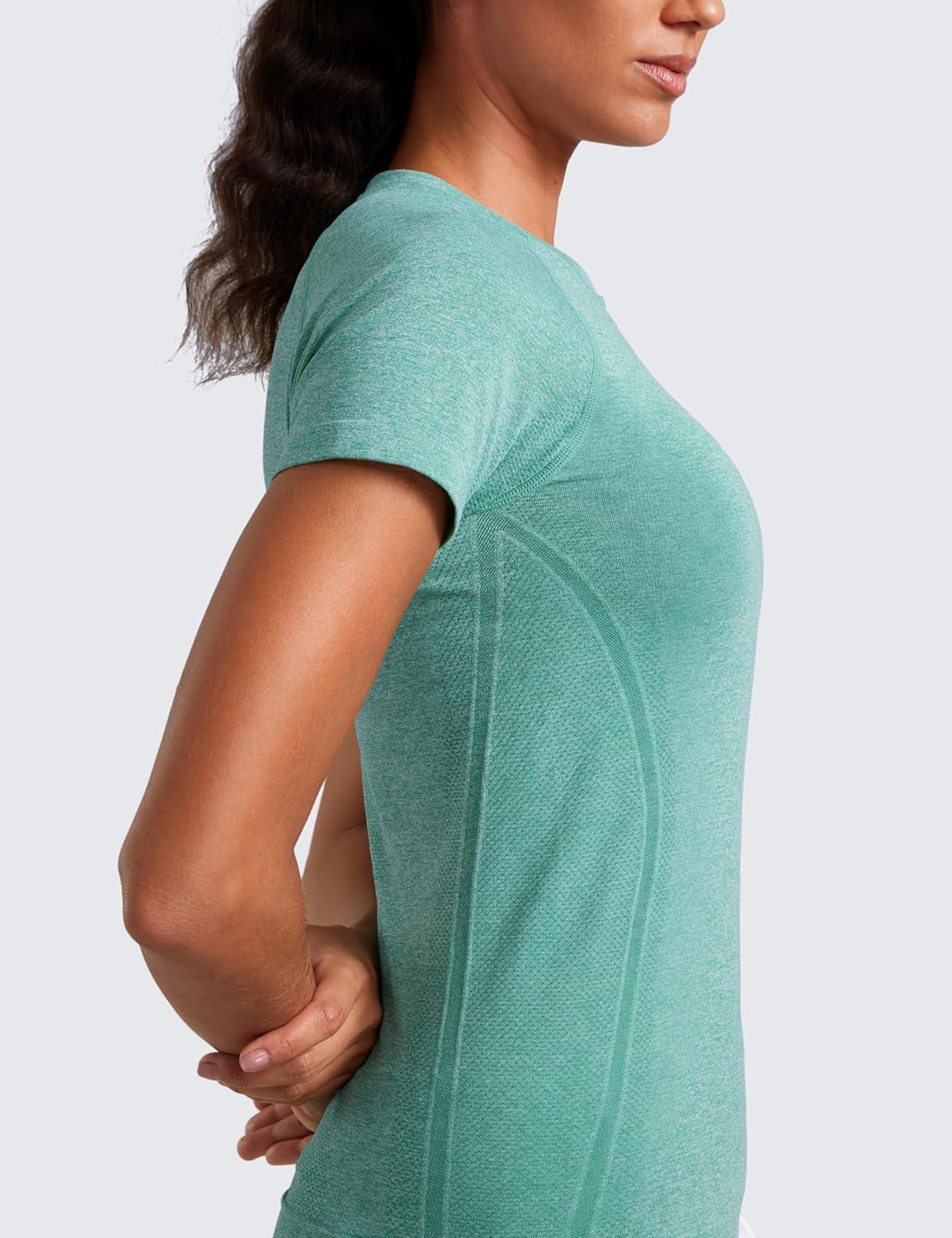 imageCRZ YOGA Seamless Workout Tops for Women Hip Length Athletic Running Gym Yoga Short Sleeve Shirts Breathable Crewneck TeesCascadia Green Heather