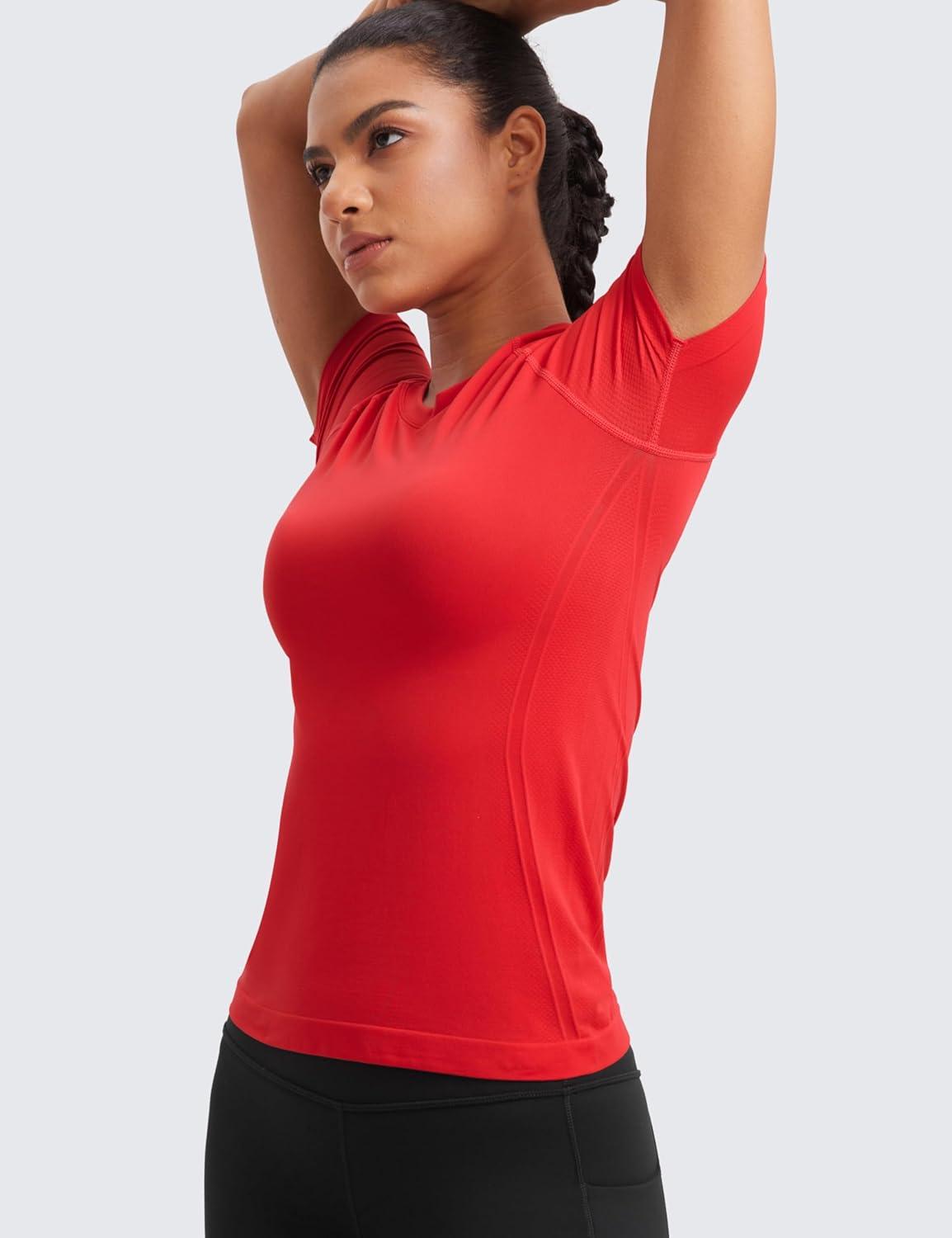 imageCRZ YOGA Seamless Workout Tops for Women Hip Length Athletic Running Gym Yoga Short Sleeve Shirts Breathable Crewneck TeesDeep Red