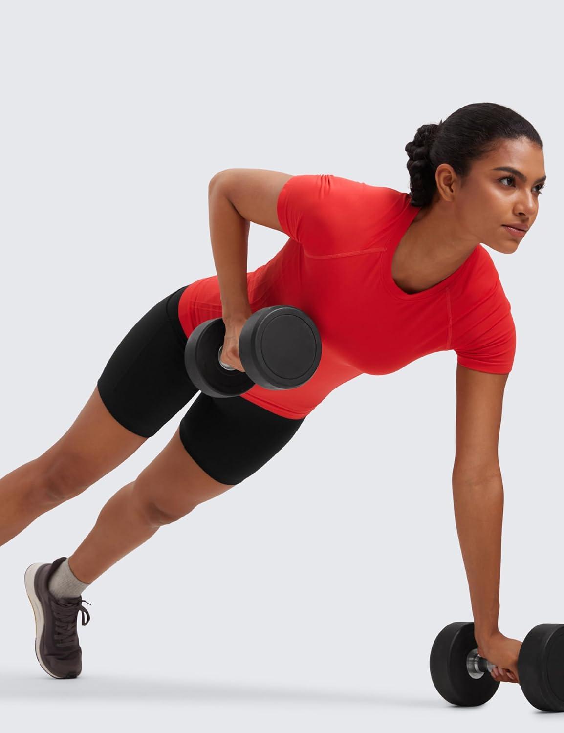 imageCRZ YOGA Seamless Workout Tops for Women Hip Length Athletic Running Gym Yoga Short Sleeve Shirts Breathable Crewneck TeesDeep Red