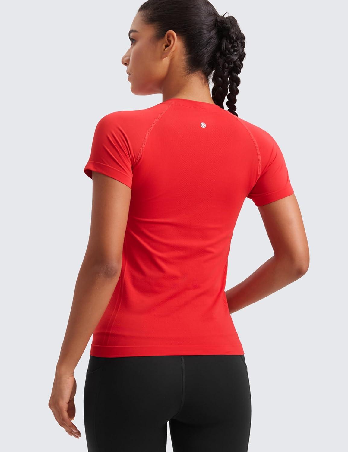 imageCRZ YOGA Seamless Workout Tops for Women Hip Length Athletic Running Gym Yoga Short Sleeve Shirts Breathable Crewneck TeesDeep Red