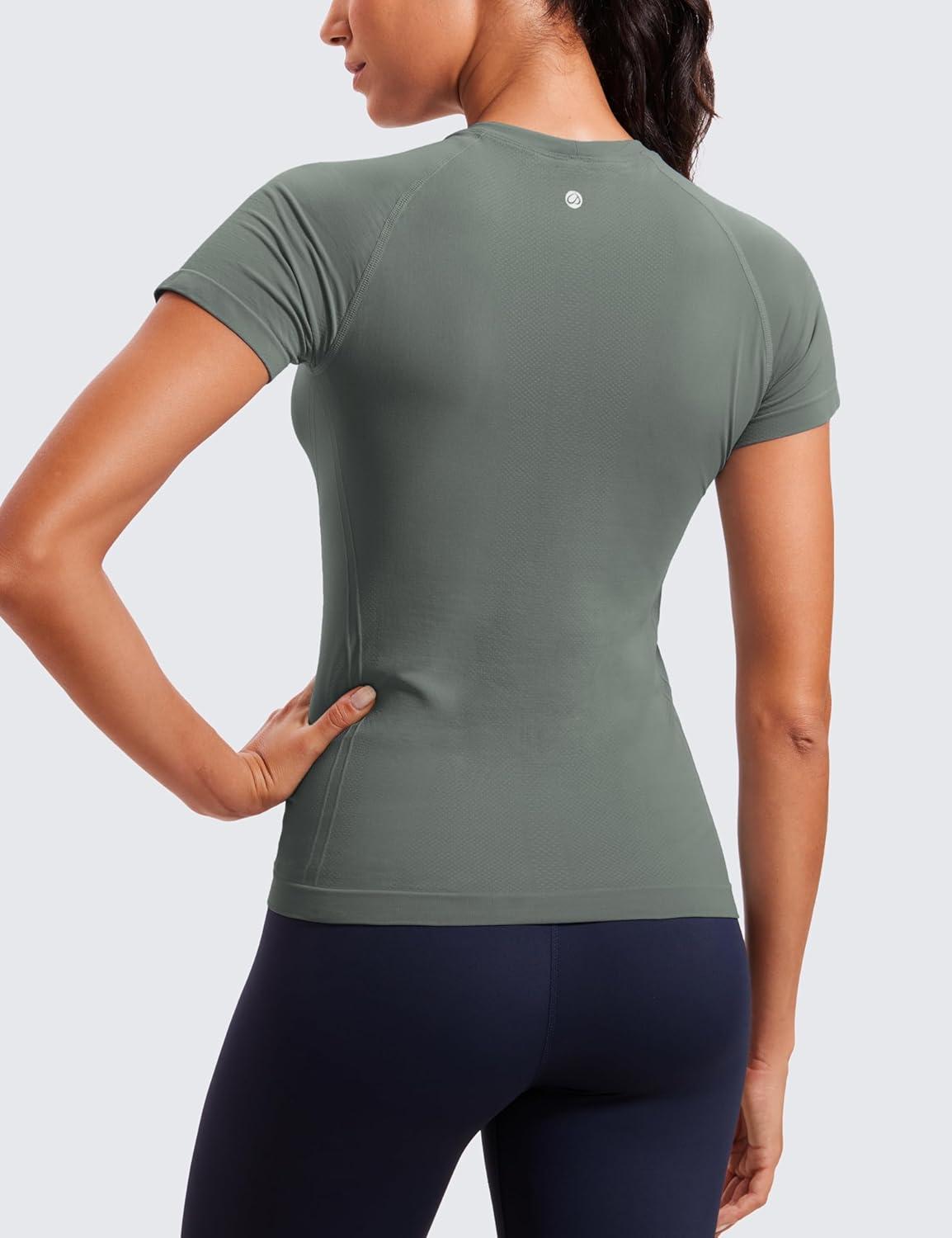 imageCRZ YOGA Seamless Workout Tops for Women Hip Length Athletic Running Gym Yoga Short Sleeve Shirts Breathable Crewneck TeesGrey Sage