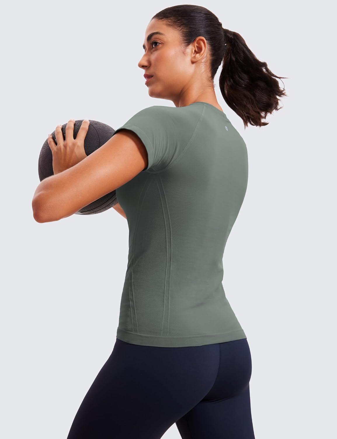 imageCRZ YOGA Seamless Workout Tops for Women Hip Length Athletic Running Gym Yoga Short Sleeve Shirts Breathable Crewneck TeesGrey Sage