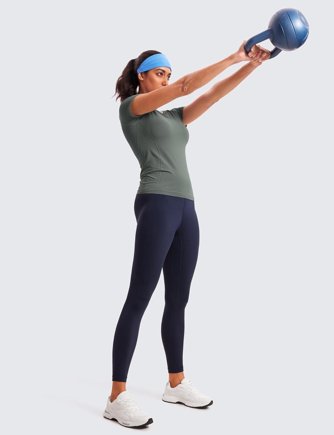 imageCRZ YOGA Seamless Workout Tops for Women Hip Length Athletic Running Gym Yoga Short Sleeve Shirts Breathable Crewneck TeesGrey Sage