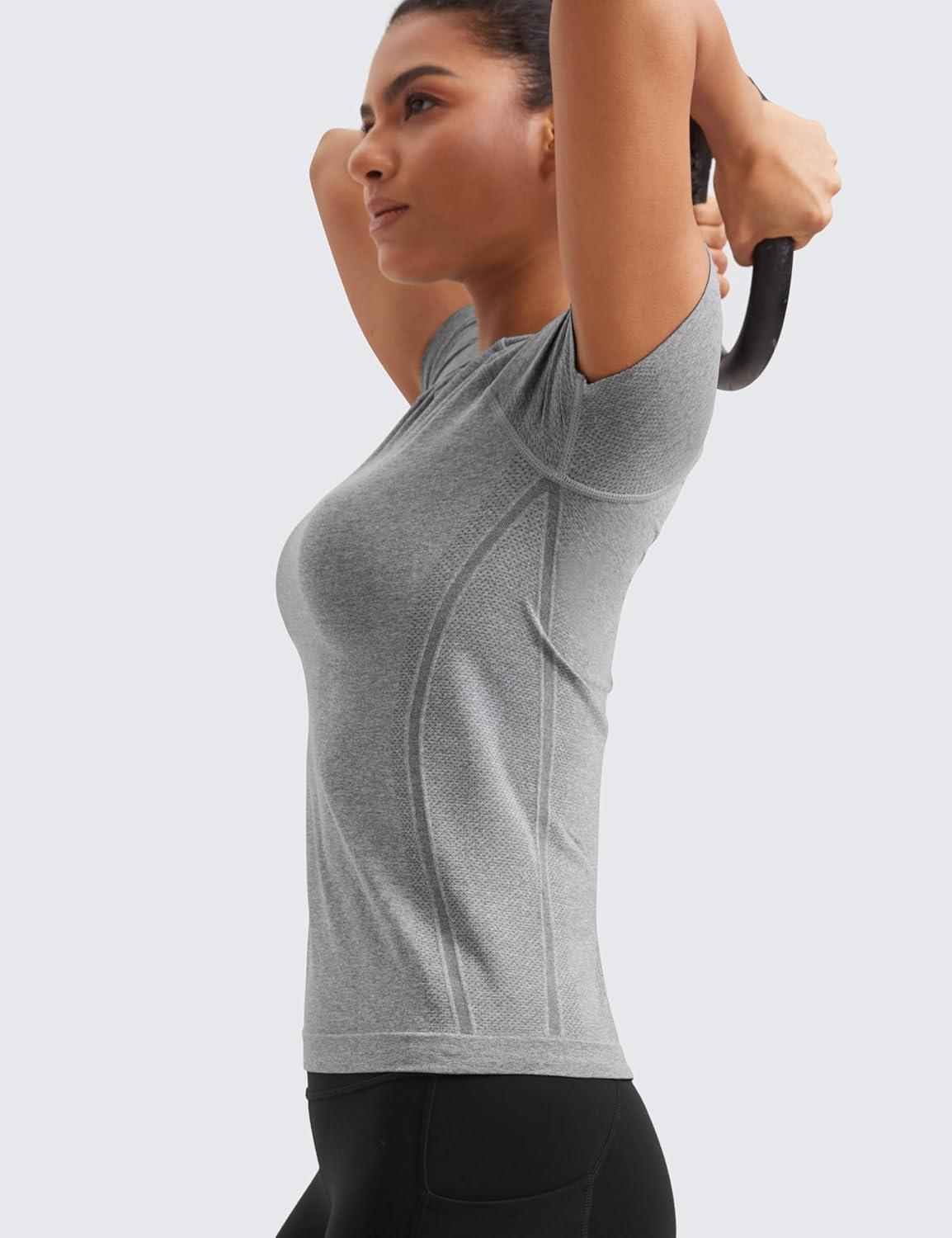 imageCRZ YOGA Seamless Workout Tops for Women Hip Length Athletic Running Gym Yoga Short Sleeve Shirts Breathable Crewneck TeesSlate Grey Marl