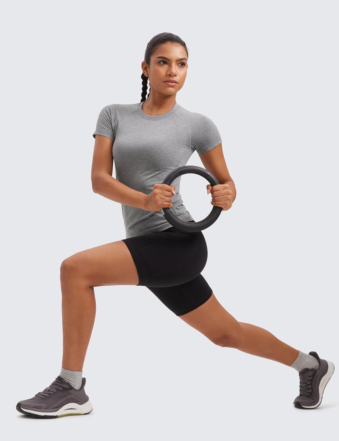 imageCRZ YOGA Seamless Workout Tops for Women Hip Length Athletic Running Gym Yoga Short Sleeve Shirts Breathable Crewneck TeesSlate Grey Marl