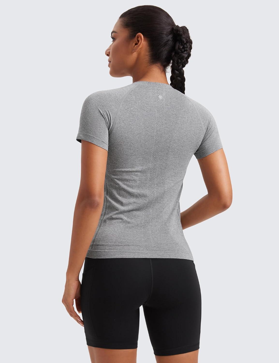 imageCRZ YOGA Seamless Workout Tops for Women Hip Length Athletic Running Gym Yoga Short Sleeve Shirts Breathable Crewneck TeesSlate Grey Marl