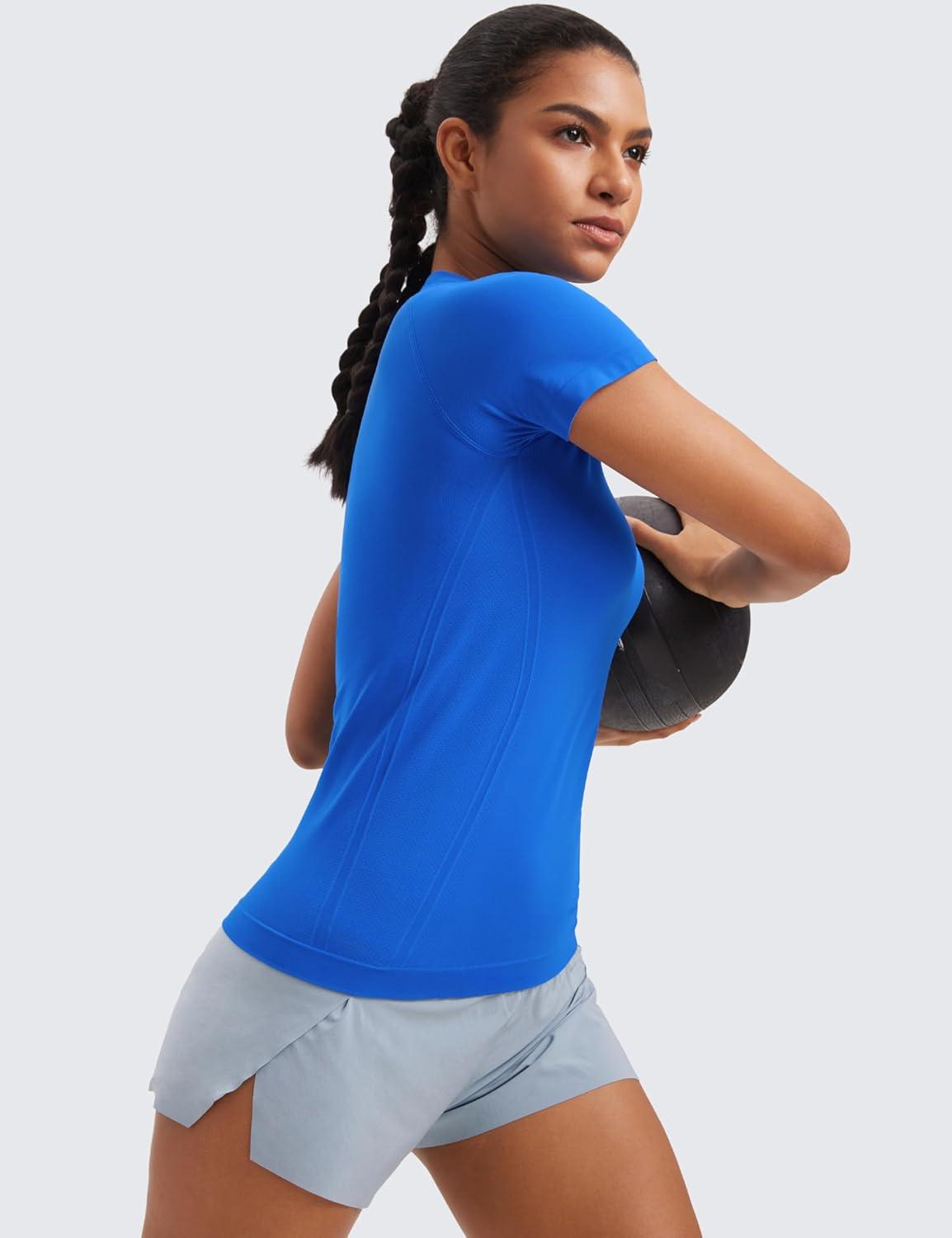 imageCRZ YOGA Seamless Workout Tops for Women Hip Length Athletic Running Gym Yoga Short Sleeve Shirts Breathable Crewneck TeesSparkle Blue