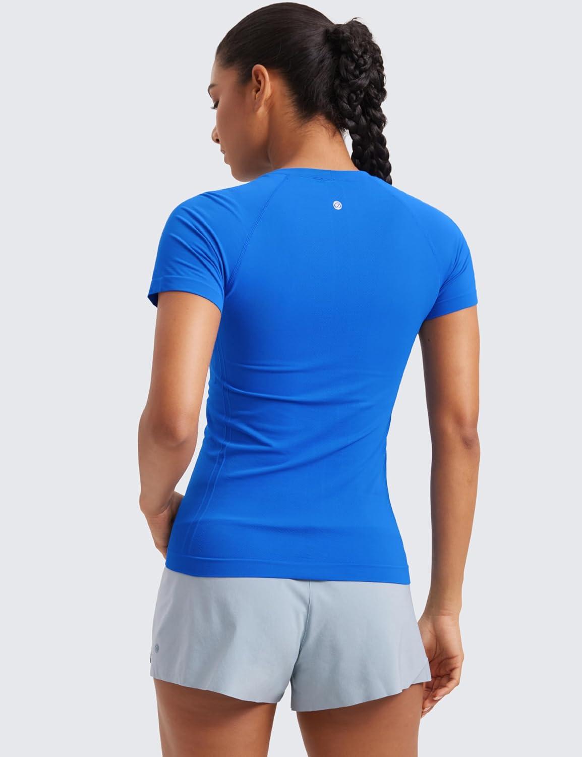 imageCRZ YOGA Seamless Workout Tops for Women Hip Length Athletic Running Gym Yoga Short Sleeve Shirts Breathable Crewneck TeesSparkle Blue