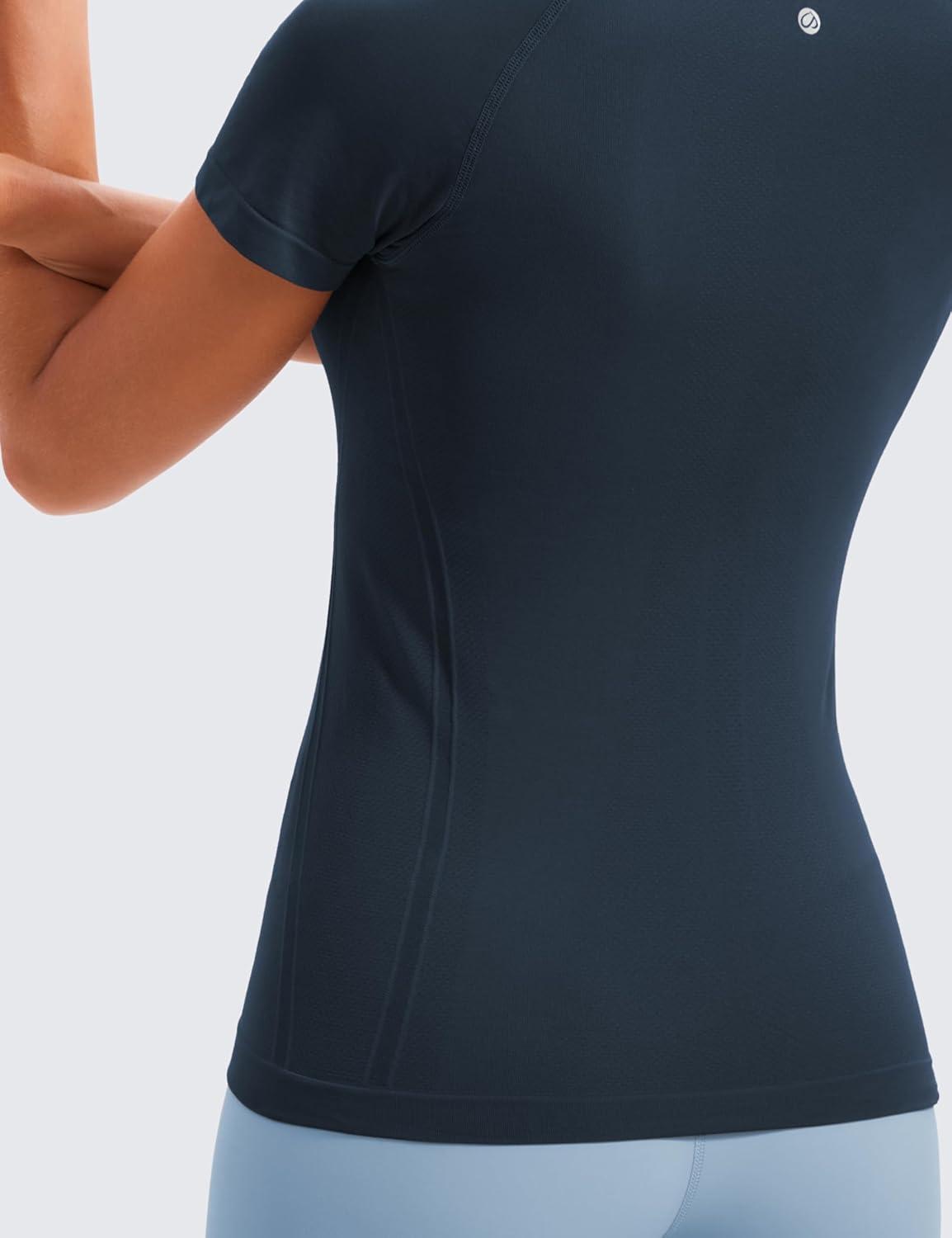 imageCRZ YOGA Seamless Workout Tops for Women Hip Length Athletic Running Gym Yoga Short Sleeve Shirts Breathable Crewneck TeesTwilight Blue