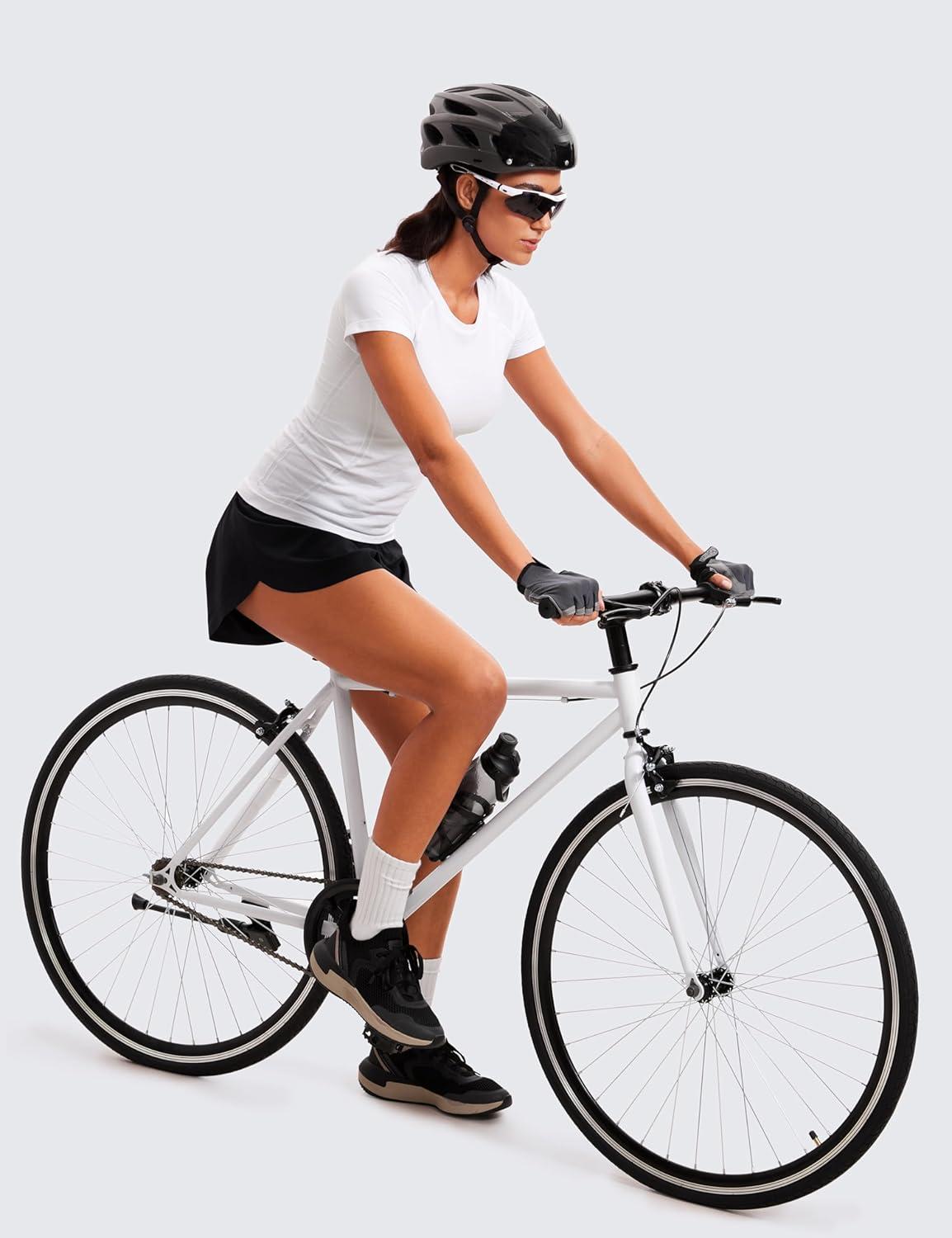 imageCRZ YOGA Seamless Workout Tops for Women Hip Length Athletic Running Gym Yoga Short Sleeve Shirts Breathable Crewneck TeesWhite