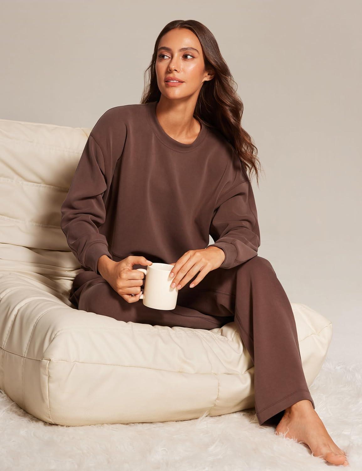 imageCRZ YOGA SoftAura Pullover Sweatshirt for Women Crewneck Workout Casual Basic Fall Sweat ShirtsCoffee Brown