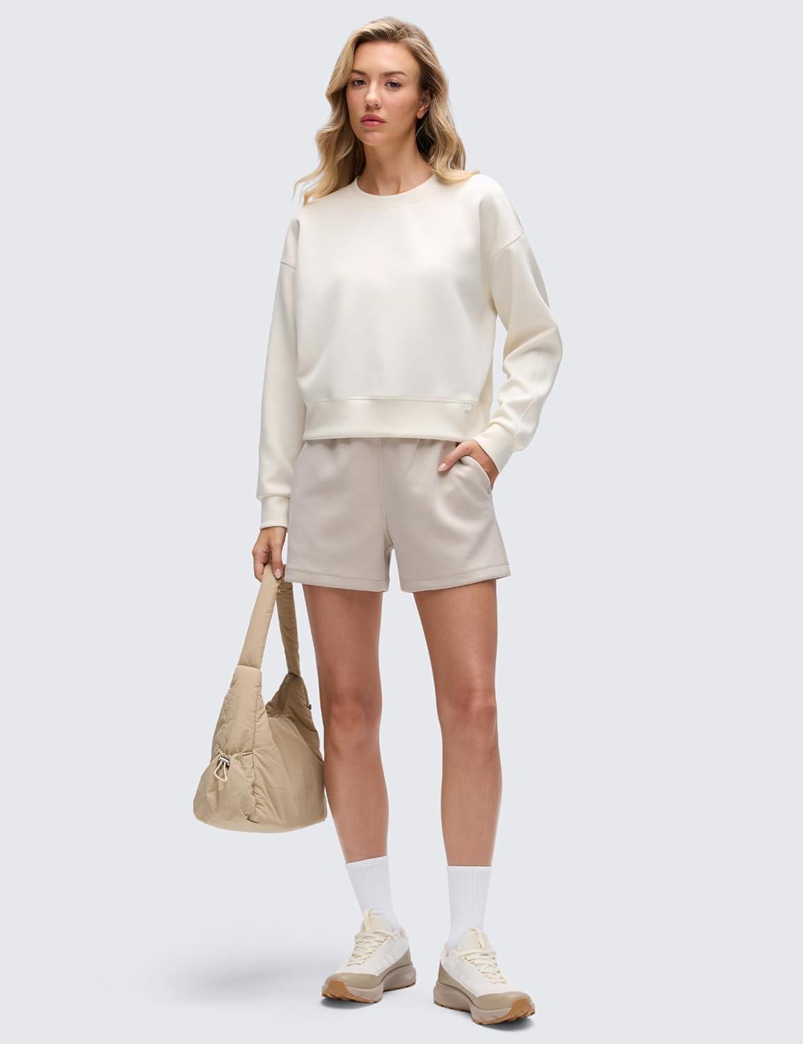 imageCRZ YOGA SoftAura Pullover Sweatshirt for Women Crewneck Workout Casual Basic Fall Sweat ShirtsWhite Apricot