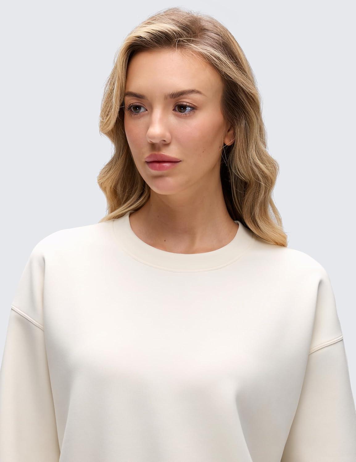 imageCRZ YOGA SoftAura Pullover Sweatshirt for Women Crewneck Workout Casual Basic Fall Sweat ShirtsWhite Apricot