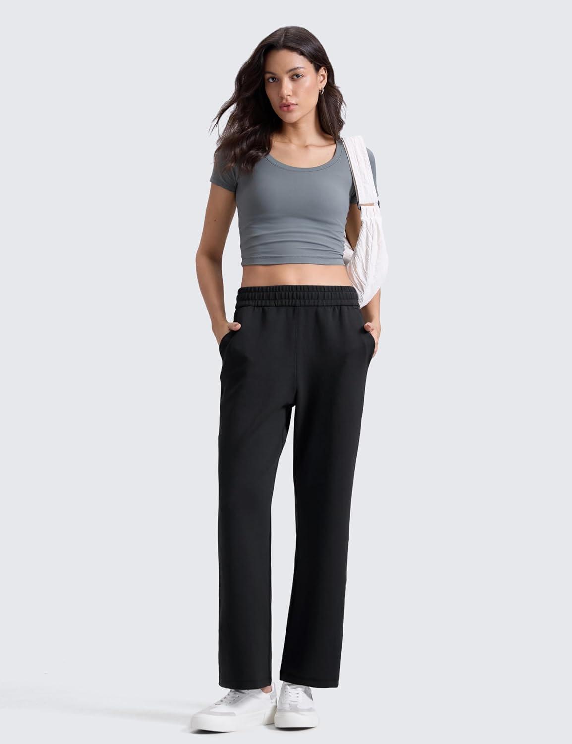 imageCRZ YOGA SoftAura Wide Leg Casual Sweatpants Women 29quot31quot Modal Lounge Travel Casual Pants with PocketsBlack
