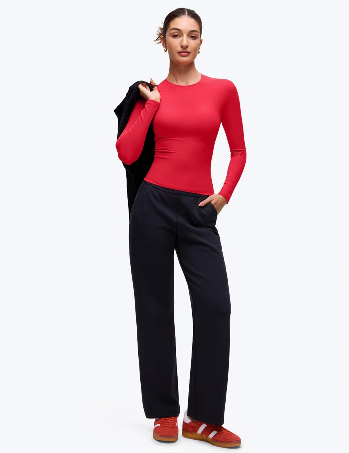 imageCRZ YOGA Softembrace Crewneck Long Sleeve Shirts for Women Casual Going Out Tops Soft Basic Fitted Tight Fall TShirtsAurora Red