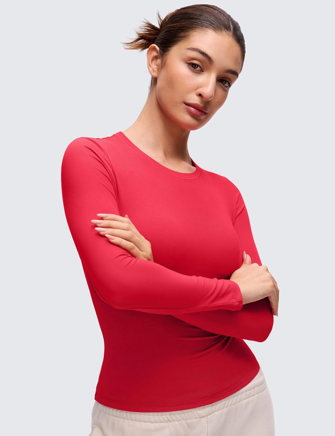 imageCRZ YOGA Softembrace Crewneck Long Sleeve Shirts for Women Casual Going Out Tops Soft Basic Fitted Tight Fall TShirtsAurora Red