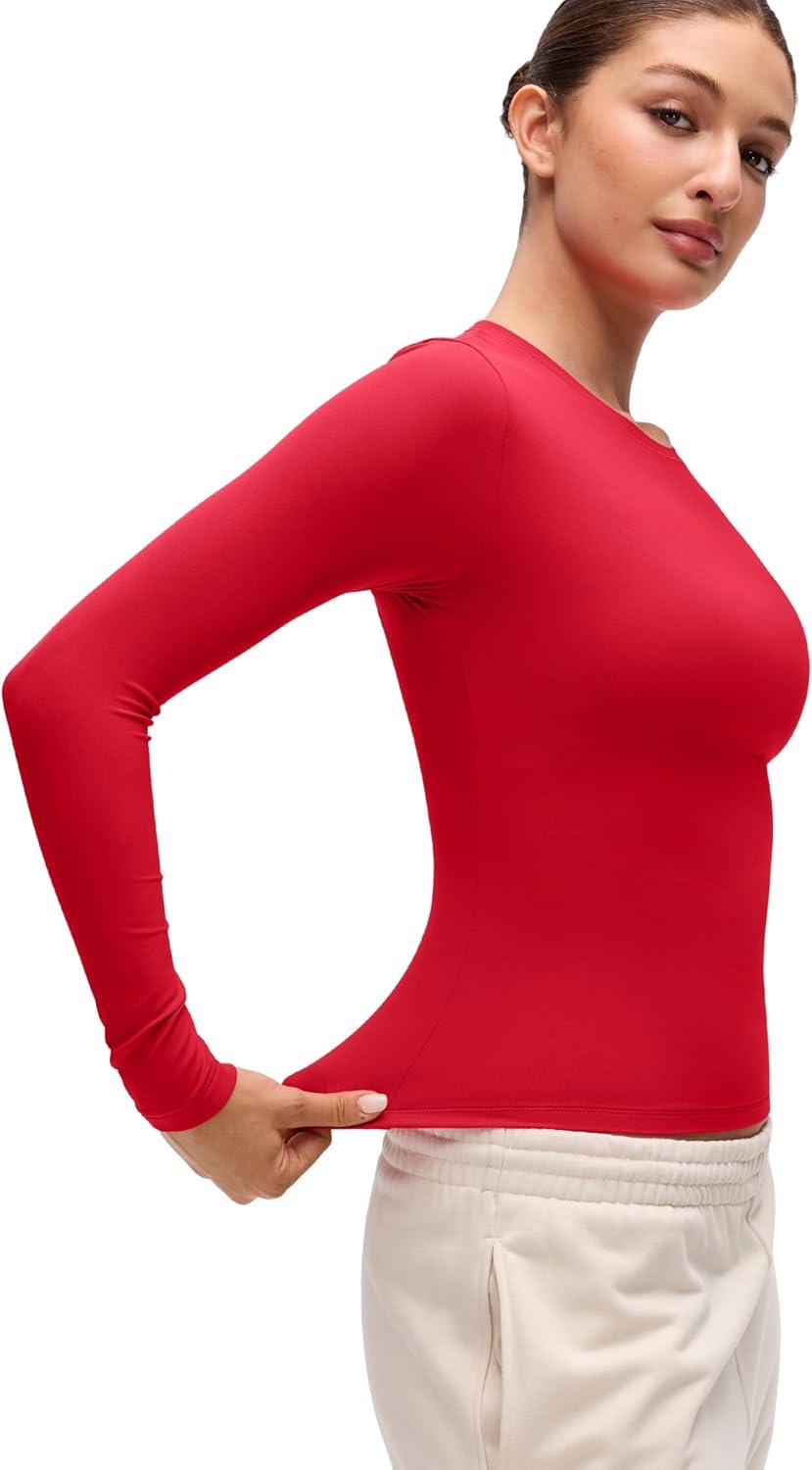 imageCRZ YOGA Softembrace Crewneck Long Sleeve Shirts for Women Casual Going Out Tops Soft Basic Fitted Tight Fall TShirtsAurora Red