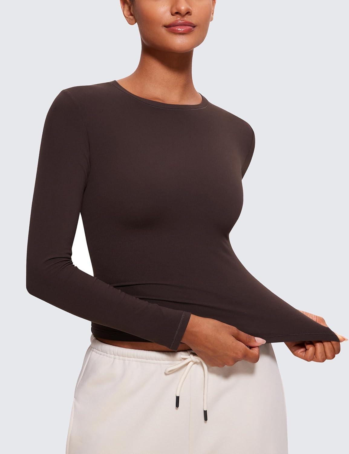 imageCRZ YOGA Softembrace Crewneck Long Sleeve Shirts for Women Casual Going Out Tops Soft Basic Fitted Tight Fall TShirtsHot Fudge Brown