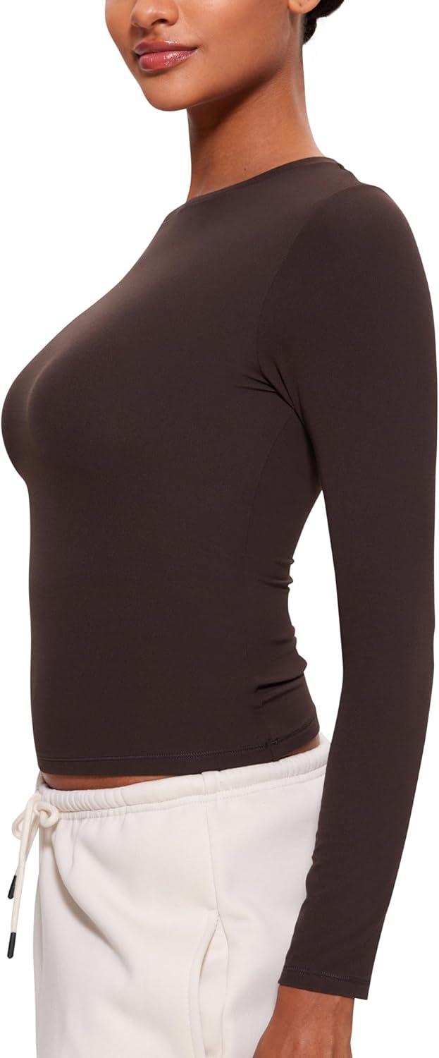 imageCRZ YOGA Softembrace Crewneck Long Sleeve Shirts for Women Casual Going Out Tops Soft Basic Fitted Tight Fall TShirtsHot Fudge Brown