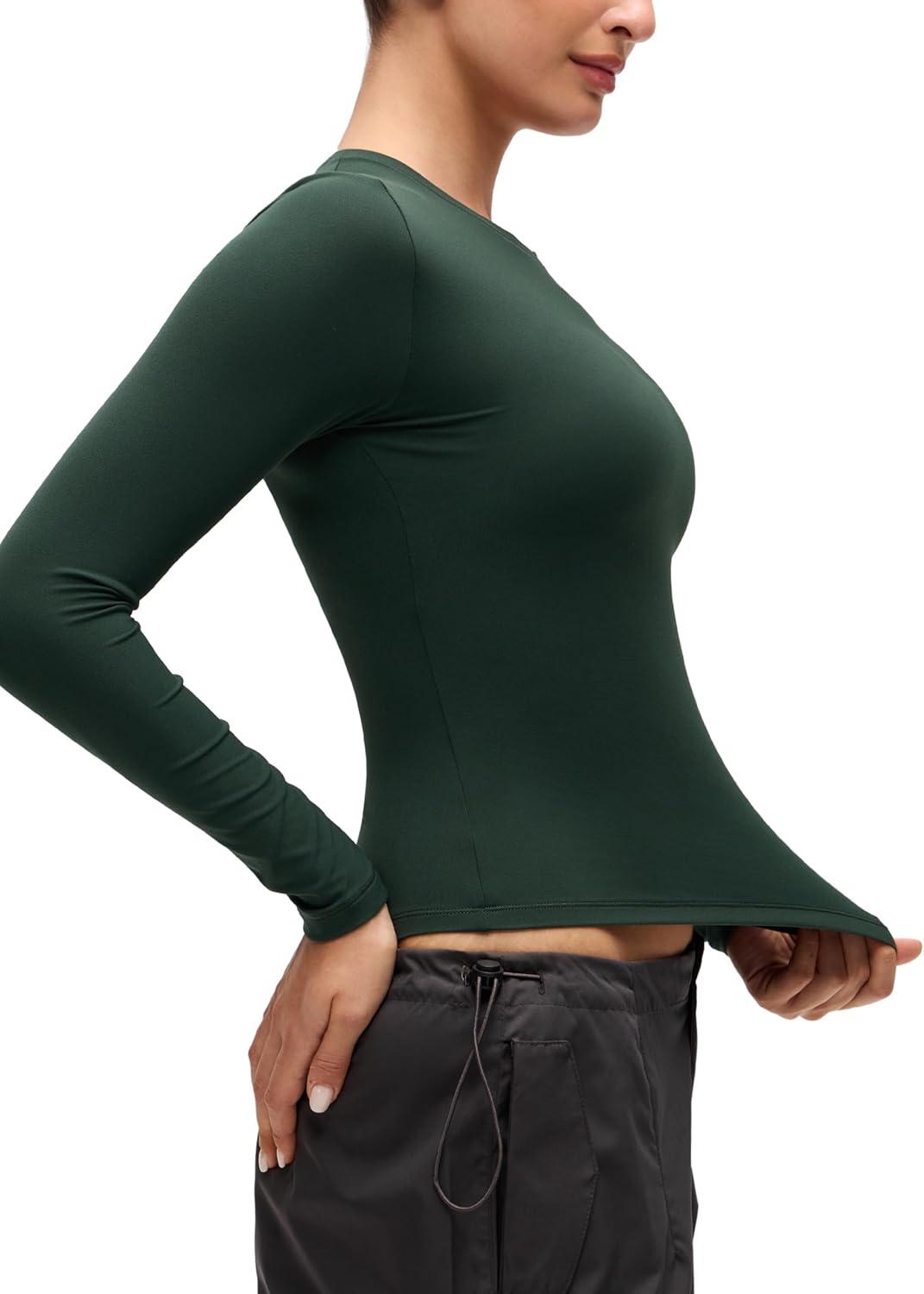 imageCRZ YOGA Softembrace Crewneck Long Sleeve Shirts for Women Casual Going Out Tops Soft Basic Fitted Tight Fall TShirtsLegend Green