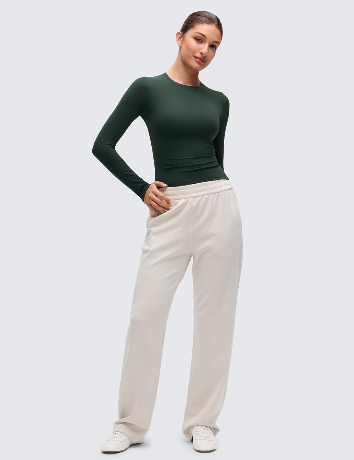 imageCRZ YOGA Softembrace Crewneck Long Sleeve Shirts for Women Casual Going Out Tops Soft Basic Fitted Tight Fall TShirtsLegend Green