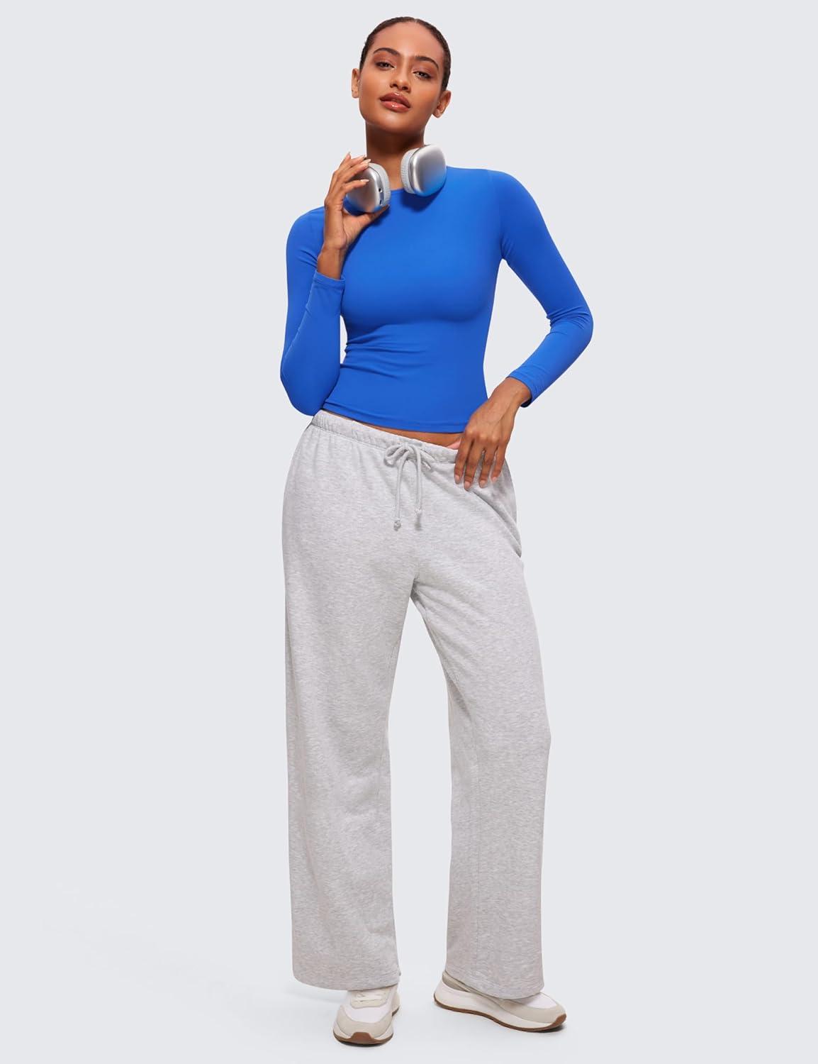 imageCRZ YOGA Softembrace Crewneck Long Sleeve Shirts for Women Casual Going Out Tops Soft Basic Fitted Tight Fall TShirtsSparkle Blue