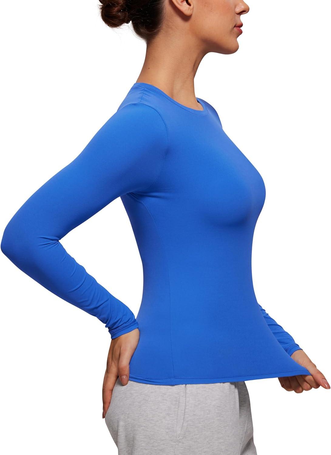 imageCRZ YOGA Softembrace Crewneck Long Sleeve Shirts for Women Casual Going Out Tops Soft Basic Fitted Tight Fall TShirtsSparkle Blue