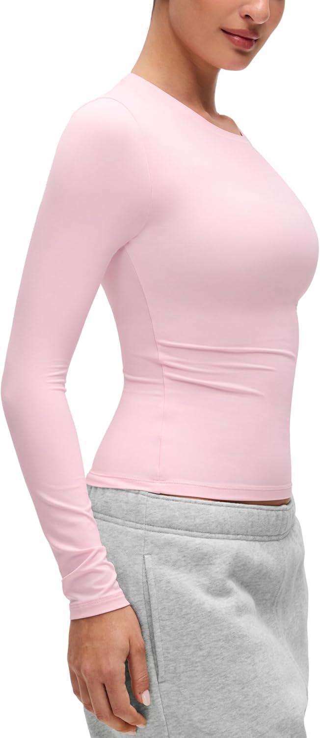 imageCRZ YOGA Softembrace Crewneck Long Sleeve Shirts for Women Casual Going Out Tops Soft Basic Fitted Tight Fall TShirtsStrawberry Pink