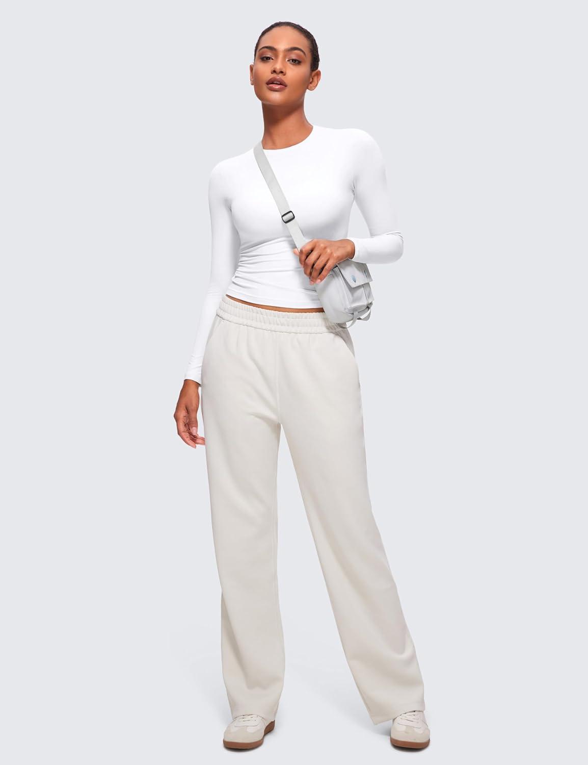 imageCRZ YOGA Softembrace Crewneck Long Sleeve Shirts for Women Casual Going Out Tops Soft Basic Fitted Tight Fall TShirtsWhite